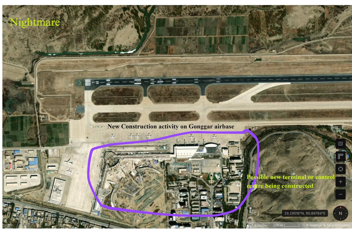 OsintNightmare's tweet photo. This is the second set of PLA/chinese border village satellite images iam posting about , this is even more intresting as it involves logistics centres and airbases along the Indian border .

The first one is from 7VWX+348 Jiazhulinzhen, Gonggar County, Shannan, Tibet, China (in this case google earth has updated images they have built huge rows of hardened shelters in the base go check it if you like) , now this is the gonggar airport/airbase its near Lhasa and its used by the PLAAF heavily for training flights we can see in this particular image J-11 or J-16 fighter jets parked in the tarmac along with Z-19 helicopters used by the PLAAF the empty space behind these is where rows of new black hardened shelters are built in G earth indicating increased aircrafts by the PLAAF , this is important as this airbase is above bhutan and North east India .

The second image is again from the same airbase but we go a little to the left side and here is where we can see multiple Airbus aircraft being parked and this is what i call civilian/cargo area of the airport  but we can notice one huge detail in this sat image , construction going on for a possible terminal and control centre , pretty big ugrades for a border airport . 

The third image 72QR+P7J Jixiongzhen, Gonggar County, Shannan, Tibet, China is right next to the main gonggar town , we see a rail terminal , most of these are mainly used for cargo transport as containers can be seen but they are always considered dual use by many analysts as they can transport military equipment and personnel too in times of need .

The final fourth image 74J9+58G Jiedexiuzhen, Gonggar County, Shannan, Tibet, China , this is termed as a residential committee by China which is basicallhy another border town / village and what intrested me is the trench like structures present here , although present next to what looks like  farmland , this does look like a trench replica maybe used for training( i may be wrong) and  also we can see a possible PLA camp/training site  in the small hill (my best guess) also the final intresting structure aside from the houses are the long transmission/pipeline like structures that go into the hill ( this is very very intresting as the structure goes on outside the sat image frame also) .

I will keep posting more satellite images whenever i get more time as the border buildup along the Indian Border is a case of high intrest for me be it civilian infrastructure or military or be it dual use structures , i can one thing for sure China has built up far more than India has in its side and India needs lots of catching up to do which i think India can do with limits ofcourse.

Stay tuned for more and  if possible RT this if you find it intresting .