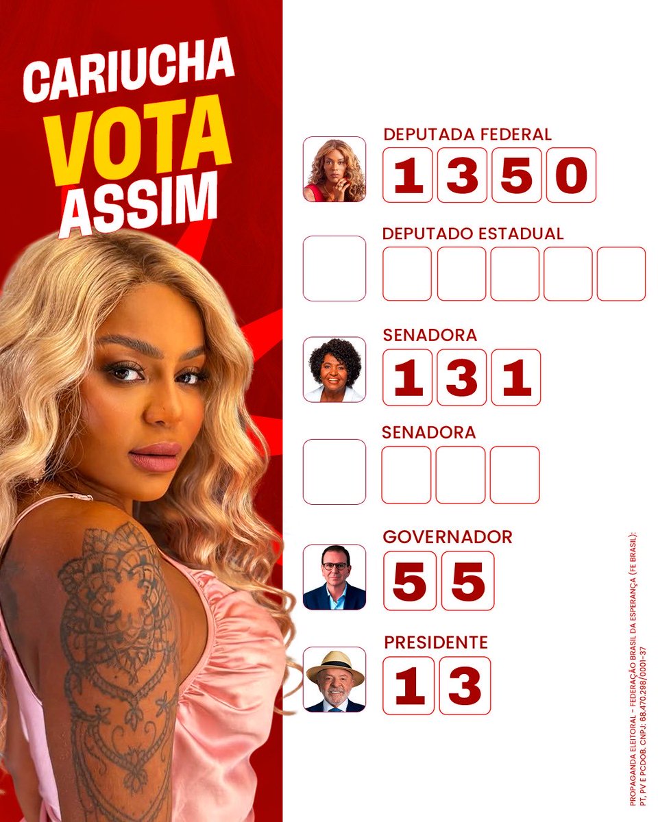 cariuchaoficial's tweet photo. É amanhã vote 13 pra presidente Lula 
E minha deputada federal 1350 Benne Briolly https://t.co/ICyzSJ7GoJ