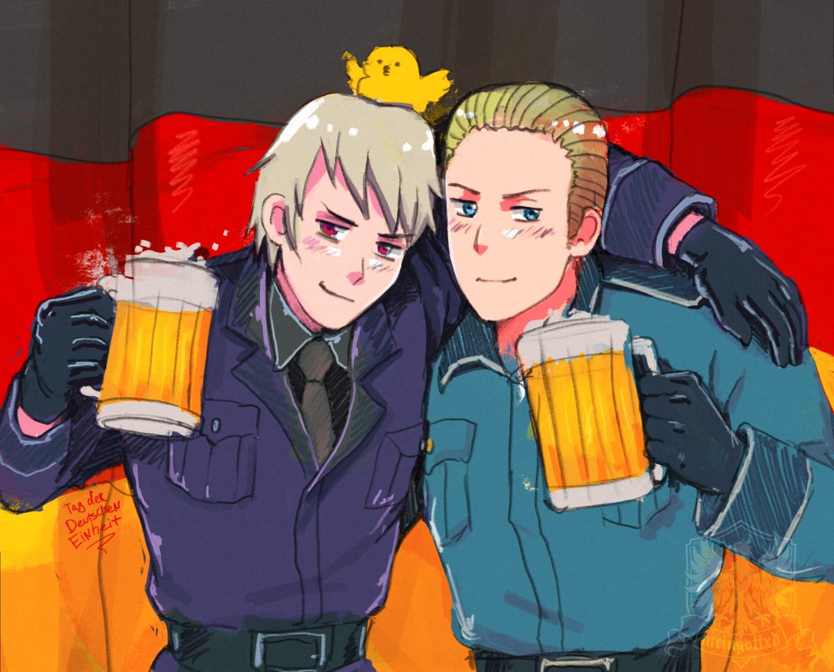 meingottxd's tweet photo. Happy German Unity Day! 🇩🇪
To brotherhood, unity, and many more beers together! 🥰Prost! 🍺🍺
#hetalia #prussia #germany #aph #aphprussia #aphgermany https://t.co/GRUZ38y49J