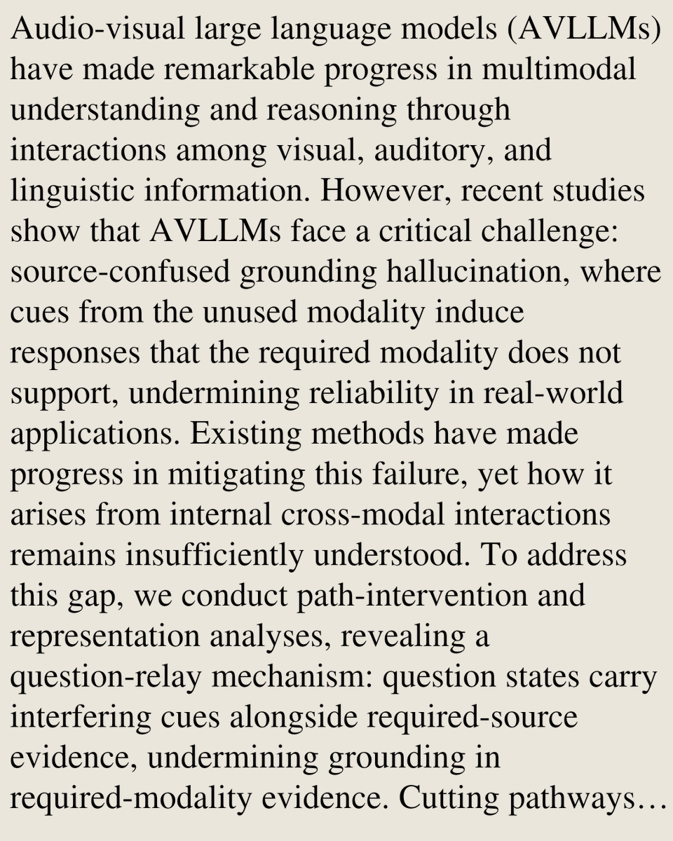 HEI's tweet photo. Devils in Question Relay: Source-Conditioned Relay Steering to Mitigate Hallucinations in Audio-visual Large Language Models

Yu Zhang, Pingrui Zhang, Xuefeng Bai, Pengfei Zhang, Yang Xiang, Kehai Chen
https://t.co/xUF2l9SHaw [𝚌𝚜.𝙲𝙻] https://t.co/lRe9IblF1b