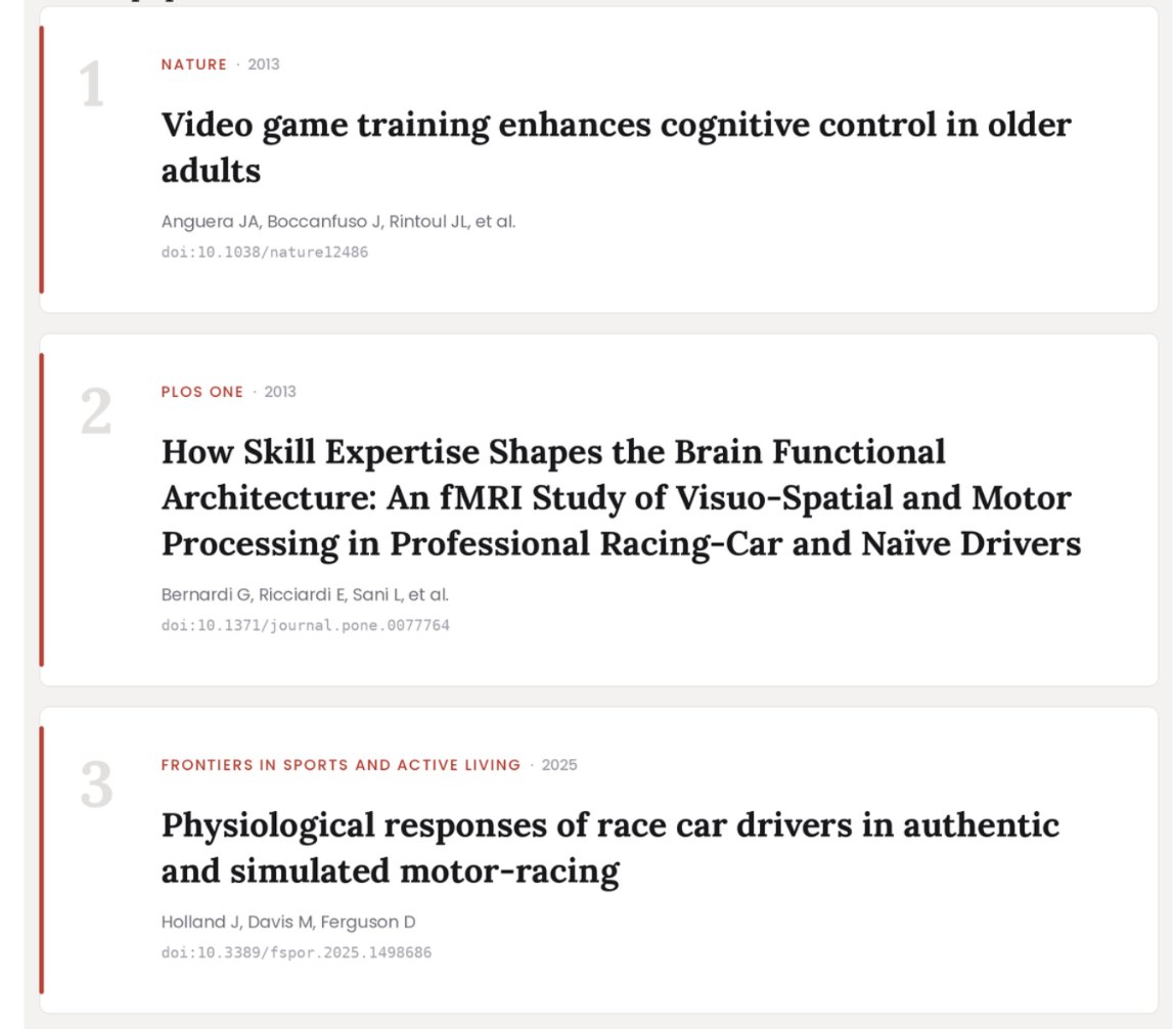 bryan_johnson's tweet photo. Car racing is cognitive enhancement:

> 12 hrs on a driving video game, and 60-85 yr olds were cognitively overtaking 20 yr olds

> race car drivers do in one brain region what a novice does in 15

> six months later, the seniors kept the gains with zero practice https://t.co/5ADMVtAG7k