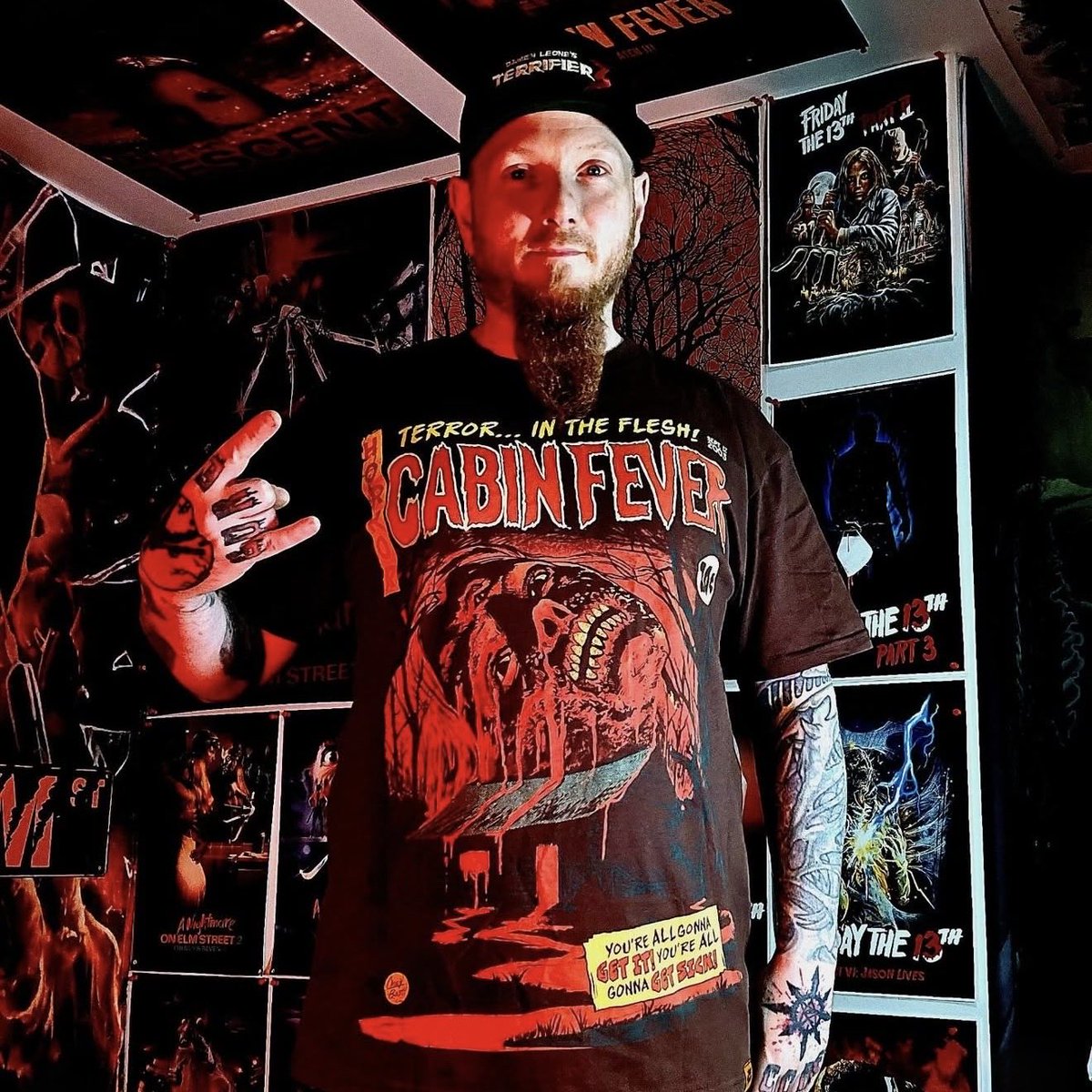Terror_Threads's tweet photo. This one’s infected!

@officialgorecore repping our Cabin Fever “Get Sick” tee by @caseybooth in killer style. Grab yours before this one gets quarantined.🩸 https://t.co/pzu0W8h0Nb