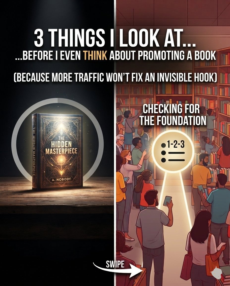 abdulbasitsube's tweet photo. More promotion can't fix unclear positioning. Before you spend money on marketing, answer 3 things:
1️⃣ What promise does the book make?
2️⃣ Who is the clearest reader for it?
3️⃣ Does the cover/blurb show that promise?
Marketing only amplifies your current hook. 📖 #IndieAuthor https://t.co/CkhZUiiviT