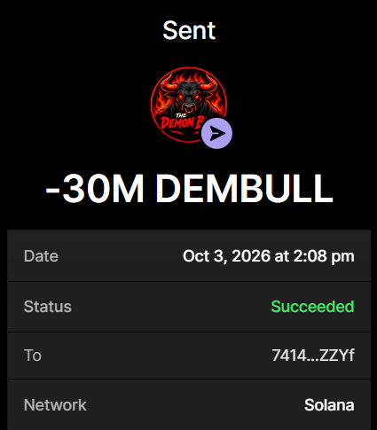 demonbullsol's tweet photo. 30 MILLION $DEMBULL PURCHASE COMPLETED FOR 0.2 SOL

BUY ON 𝕏 → Send SOL to:
HhgsnGY3sSYjEJsHnUdYGPakp3NFzH9WkRjwob2aswWe

Min: 0.2 | Max: 10

0.2 SOL → 30,000,000 $DEMBULL
0.5 SOL → 76,500,000 $DEMBULL
1 SOL → 157,500,000 $DEMBULL

Visit https://t.co/dYGI5WHrsJ

Retweet & Drop Solana Wallet Address for $100,000 $DEMBULL