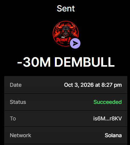 demonbullsol's tweet photo. 30 MILLION $DEMBULL PURCHASE COMPLETED FOR 0.2 SOL

BUY ON 𝕏 → Send SOL to:
HhgsnGY3sSYjEJsHnUdYGPakp3NFzH9WkRjwob2aswWe

Min: 0.2 | Max: 10

0.2 SOL → 30,000,000 $DEMBULL
0.5 SOL → 76,500,000 $DEMBULL
1 SOL → 157,500,000 $DEMBULL

Visit https://t.co/dYGI5WHrsJ

Retweet & Drop Solana Wallet Address for $100,000 $DEMBULL