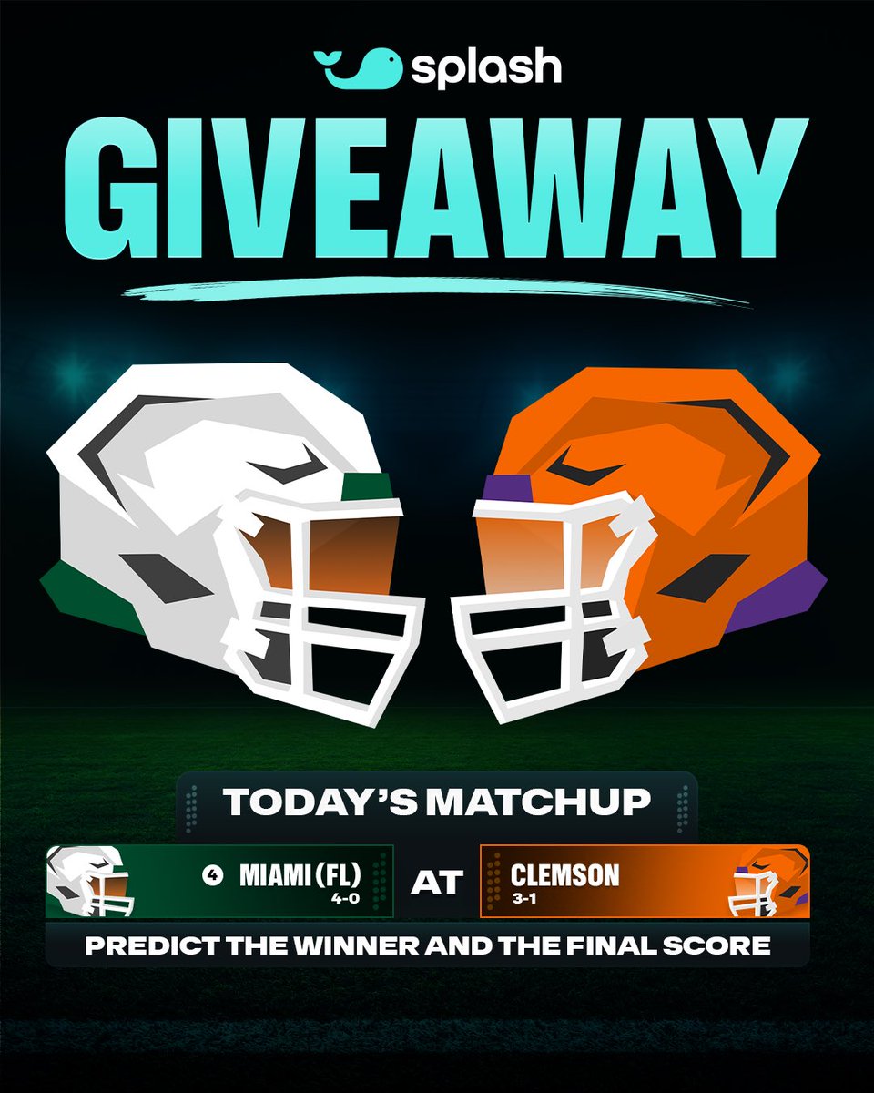 splashgameday's tweet photo. 💵 $1,000 QuickPicks Voucher Giveaway! 🏈

We'll split $1,000 in QuickPicks Vouchers between 10 people who correctly predict the winner and score of tonight's MIAMI- CLEMSON game 🤝

To enter ⬇️

1. Follow @splashgameday ☑️
2. Like & repost this post 🩵
3. Comment your score prediction for the game 💬
