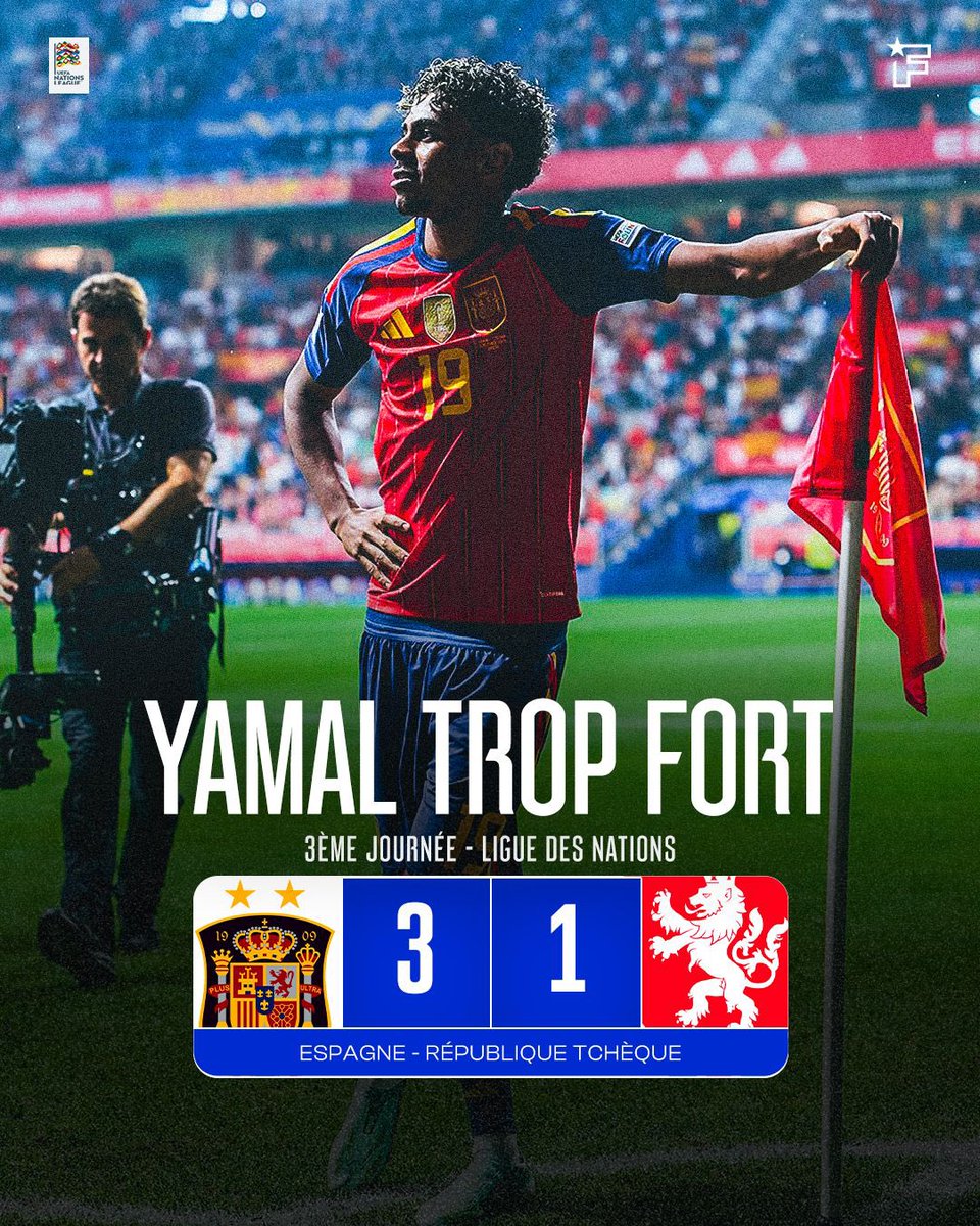 footmercato's tweet photo. 🚨 LAMINE YAMAL A ENCORE FRAPPÉ ! 🇪🇸🌟

L’Espagne s’impose 3 buts à 1 face à la Tchéquie en Ligue des Nations. ✅

Direction le Ballon d’Or pour le prodige du Barça ? 💎 https://t.co/6T3NsQuJnX