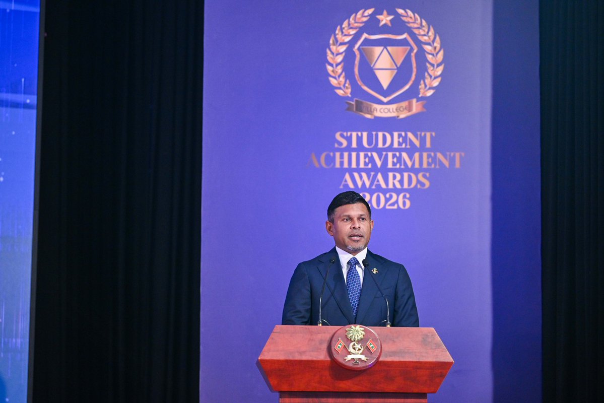 presidencymv's tweet photo. Vice President Uz @HucenSembe attends the Villa College’s Student Achievement Awards 2026, presenting the Qasim Ibrahim Excellence Award to postgraduate students in recognition of their academic achievements. https://t.co/glrJ20XMYW