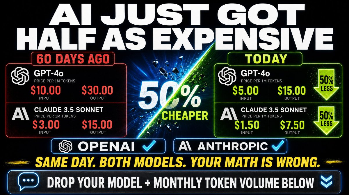 LawtonSolution's tweet photo. AI just got half as expensive overnight.

OpenAI cut prices. Anthropic cut prices. Both shipped new models. Same day.

If you picked your model 60 days ago, your math is wrong.

Drop your model + monthly token volume below. I'll check your numbers. https://t.co/XjxZ3iBfyc