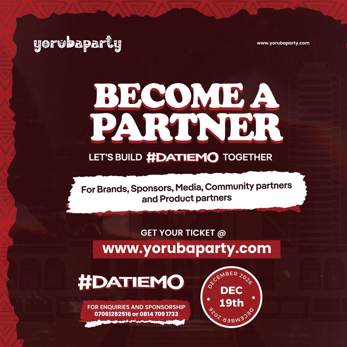 ibadan_pikin's tweet photo. Yorùbá Party is opening its doors to brands, sponsors, media platforms, community partners and product partners who want to be part of the experience.

Check the e-filer for more updates.

 #DATIEMO #yorubaparty #December19 https://t.co/A9wEc97DMj