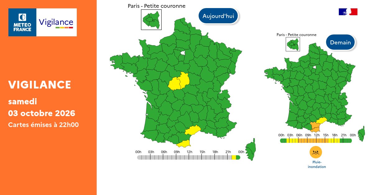 VigiMeteoFrance's tweet photo. Dimanche 4 octobre 2026 :   
🟠2 départements en vigilance orange Pluie-Inondation
Restez informés ▶️ https://t.co/JGz4rTUvHP https://t.co/lnCFRDiE9u