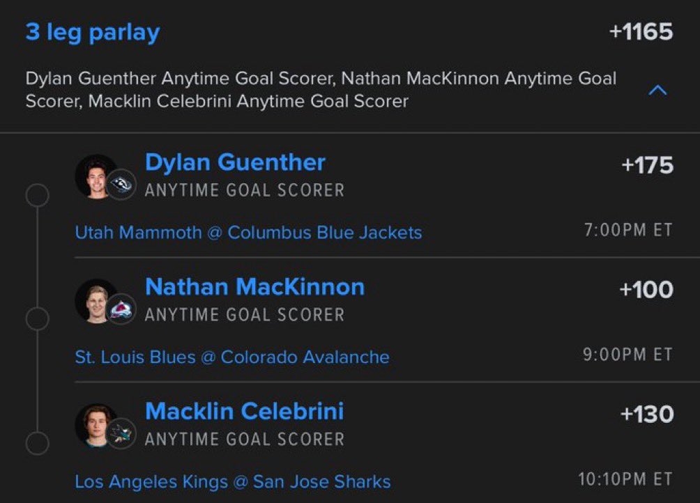 Davisparlay's tweet photo. 🔥 3-LEG NHL PARLAY 🔥

🏒 Dylan Guenther — Anytime Goal Scorer
🏒 Nathan MacKinnon — Anytime Goal Scorer
🏒 Macklin Celebrini — Anytime Goal Scorer

💰 +1165

#NHL #NHLPicks #HockeyPicks #NHLParlay #GoalScorer #SportsBetting #BettingPicks #Parlay #HockeyBetting #NHLBetting https://t.co/N6RIdUjBTW