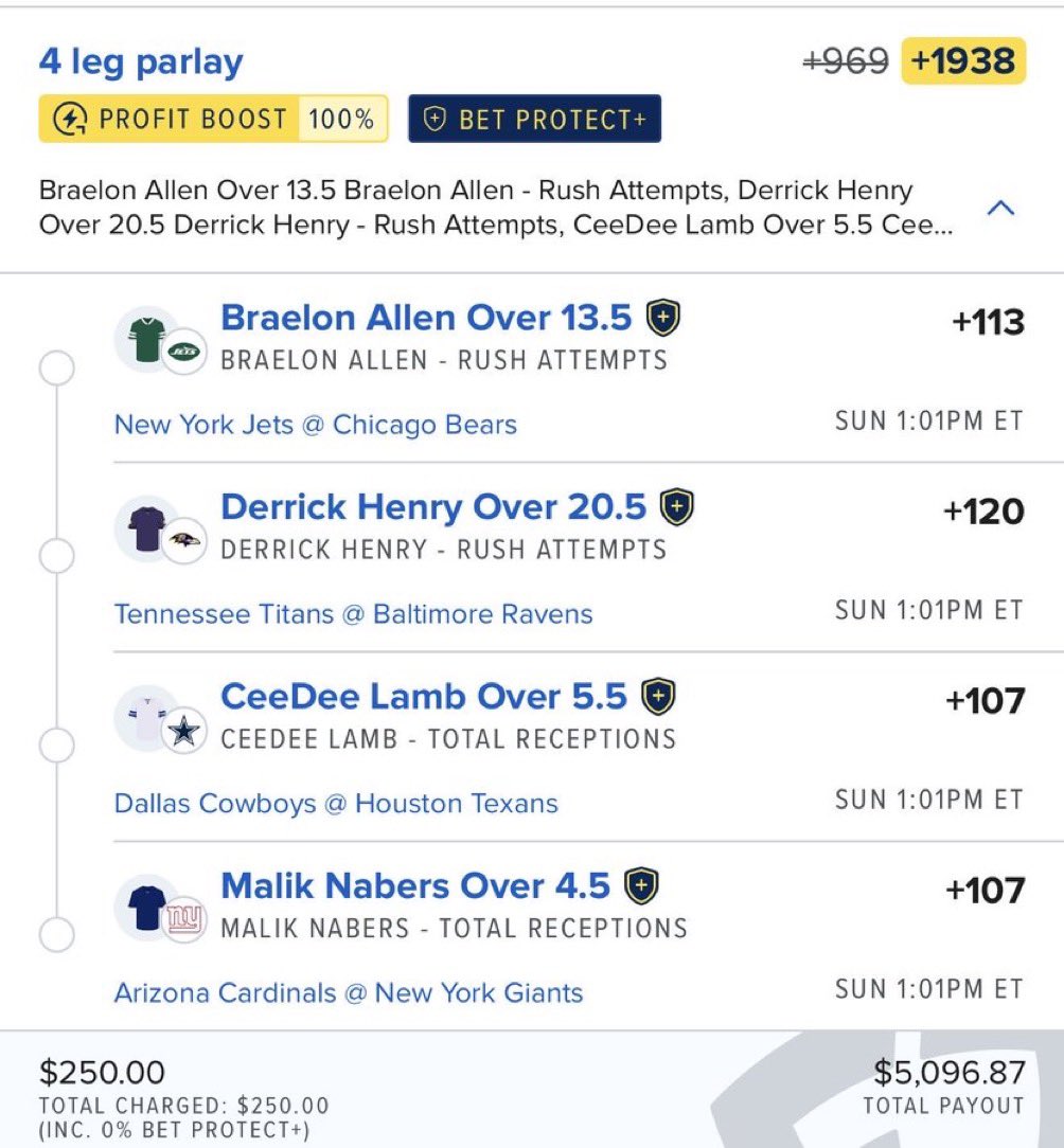 Davisparlay's tweet photo. 🔥 4-LEG NFL PARLAY 🔥

🏈 Braelon Allen — Over 13.5 Rush Attempts
🏈 Derrick Henry — Over 20.5 Rush Attempts
🏈 CeeDee Lamb — Over 5.5 Receptions
🏈 Malik Nabers — Over 4.5 Receptions

💰 +1938
💵 $250 → $5,096.87

#NFL #NFLPicks #NFLParlay #SportsBetting #BettingPicks #Parlay #NFLBetting