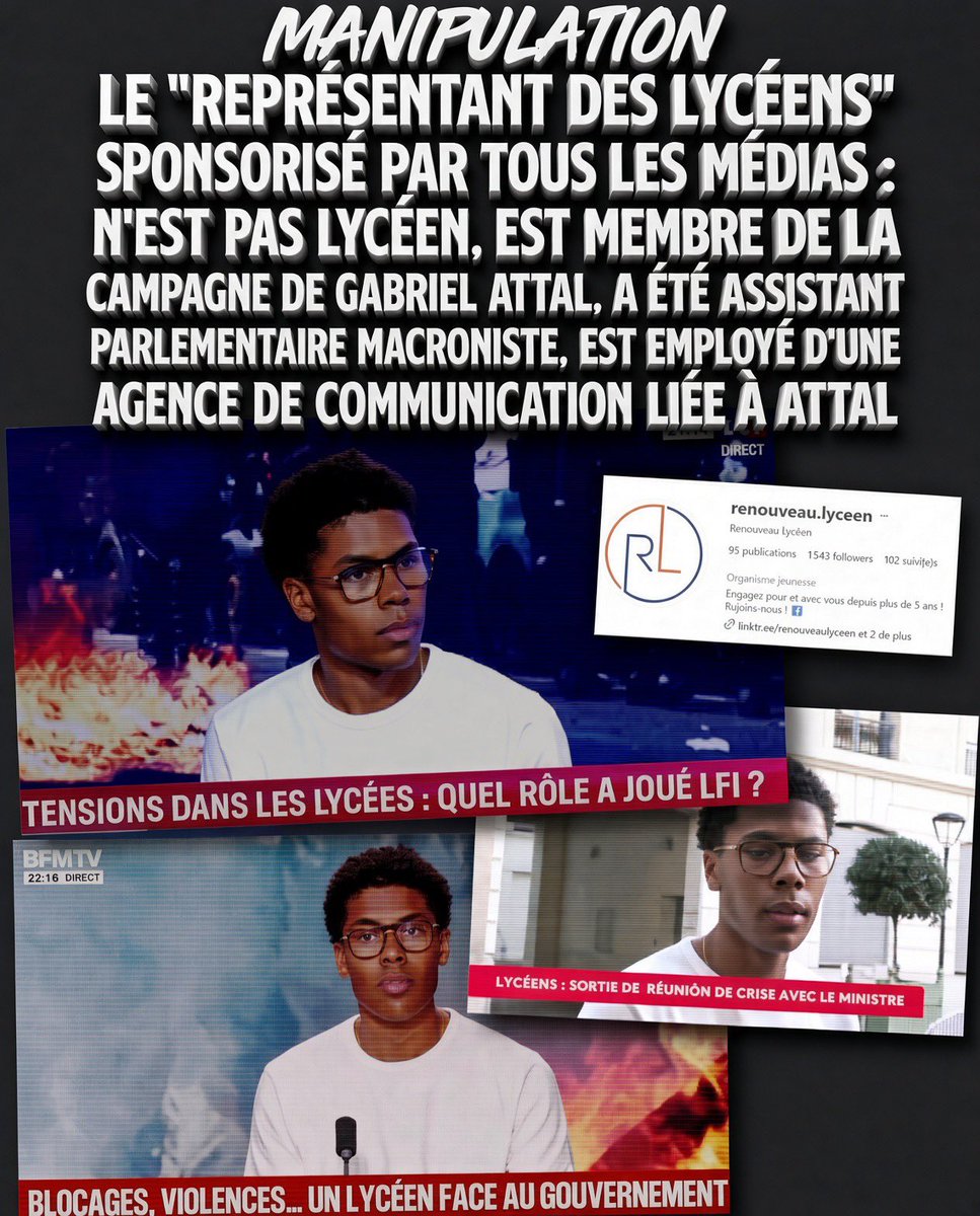 Grouchenka2's tweet photo. 🔴 INFO QUI ME SEMBLE IMPORTANTE.

L’arnaque du jour ❌

Si on se pose encore la question de savoir pourquoi l’État ne fait rien face au chaos actuel, regardez cette information. 

Ça nous éclaire un peu plus…..!

On nous présente Nathanaël Combary comme un « représentant des lycéens ». Vraiment ?🤔

📌 Le 2 octobre 2026, Nathanaël Combary est présenté dans les médias comme l’un des représentants du mouvement lycéen et intervient au ministère de l’Éducation.

Sauf qu’il n’est PLUS LYCÉEN. 

📌 En février 2026, il a effectué un stage à l’Assemblée nationale auprès de Julie Delpech, députée Renaissance de la Sarthe.

📌 Depuis la rentrée 2026, il travaille comme consultant chez Minerva, une agence de communication créée par Louis Jublin, ancien conseiller de Gabriel Attal.

📌 Son parcours fait également apparaître son soutien à Gabriel Attal et à sa campagne présidentielle.

Alors pardon, mais il faut arrêter de nous prendre pour des imbéciles.😳

Ce ne sont pas des rumeurs : ce sont des éléments de son parcours. Source:    profil LinkedIn

La question est simple : pourquoi les médias présentent-ils comme une voix représentative des lycéens quelqu’un dont le parcours politique et professionnel est à ce point lié à l’univers macroniste ?

Ce n’est même plus une question, mais le vice qui nous vient tout droit de l’Élysée ne s’arrête jamais il faut dénoncer !!!!

🎙️Les Français ont le droit de savoir qui parle et d’où vient celui qui parle.