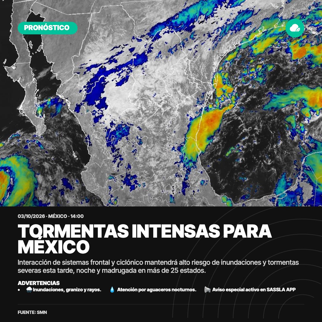SasslaClimaMx's tweet photo. #AVISO ❗ | El #FrenteFrío1 estacionario, una circulación ciclónica y el flujo de humedad favorecerá #Tormentas intensas en el país ⛈️
• 🚨 𝗟𝗢 𝗠𝗔́𝗦 𝗜𝗡𝗧𝗘𝗡𝗦𝗢: #Tamps, #Ver, #Tab, #Oax, #Chis, #Camp, #Coah, #NL, #Zac, #SLP, #Mich, #Hgo, #Pue, #Gro y #QRoo
1/3 https://t.co/Nh5JVURzHf