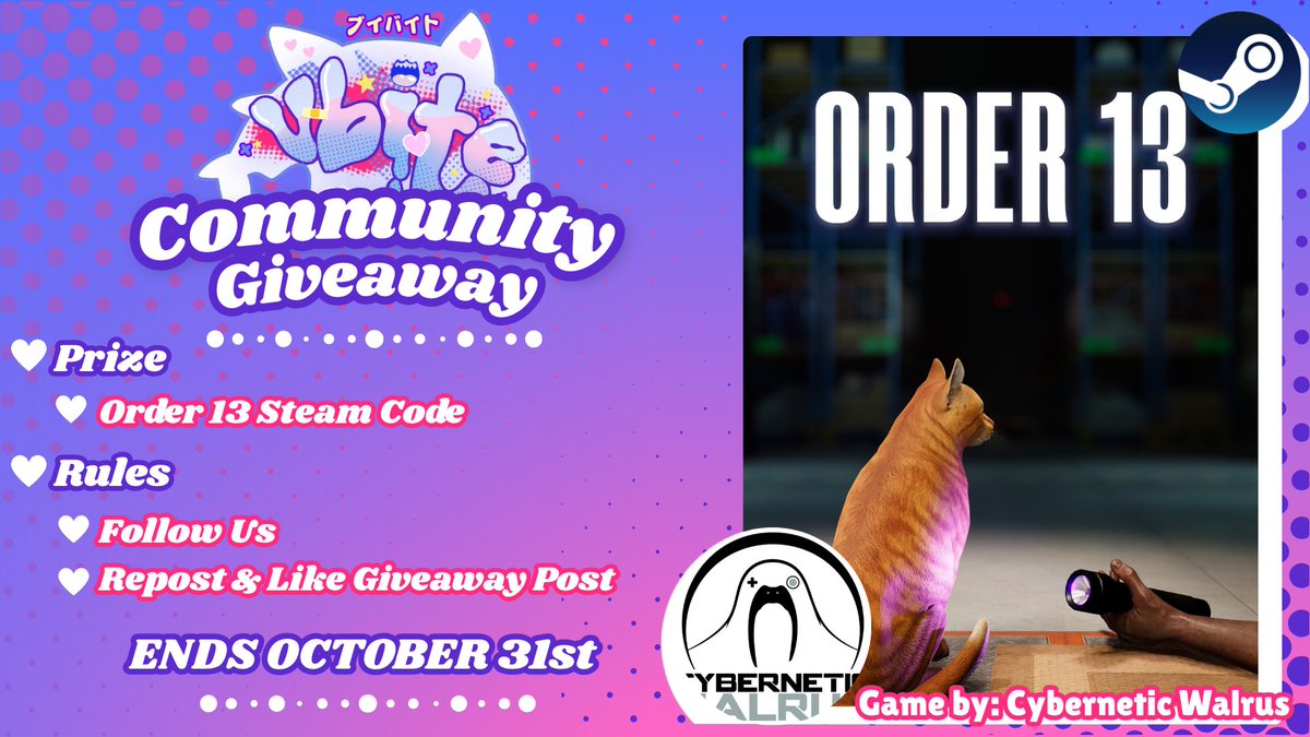 VBiteOfficial's tweet photo. ⋆˙‧₊☽ VBITE COMMUNITY GIVEAWAY ☾₊‧˙⋆

‼️ JOIN TO WIN A FREE GAME KEY ‼️
Info Below ⤵️

✨ Ends on: October 31st ✨

🎁1 Winner: Order 13 Steam Code

Rules to Join:
♡ Follow @VBiteOfficial
♡ Like &amp; RT
♡ (+1 Entry) Follow VBite's Official YouTube &amp; Twitch https://t.co/p9IzKtp5Od