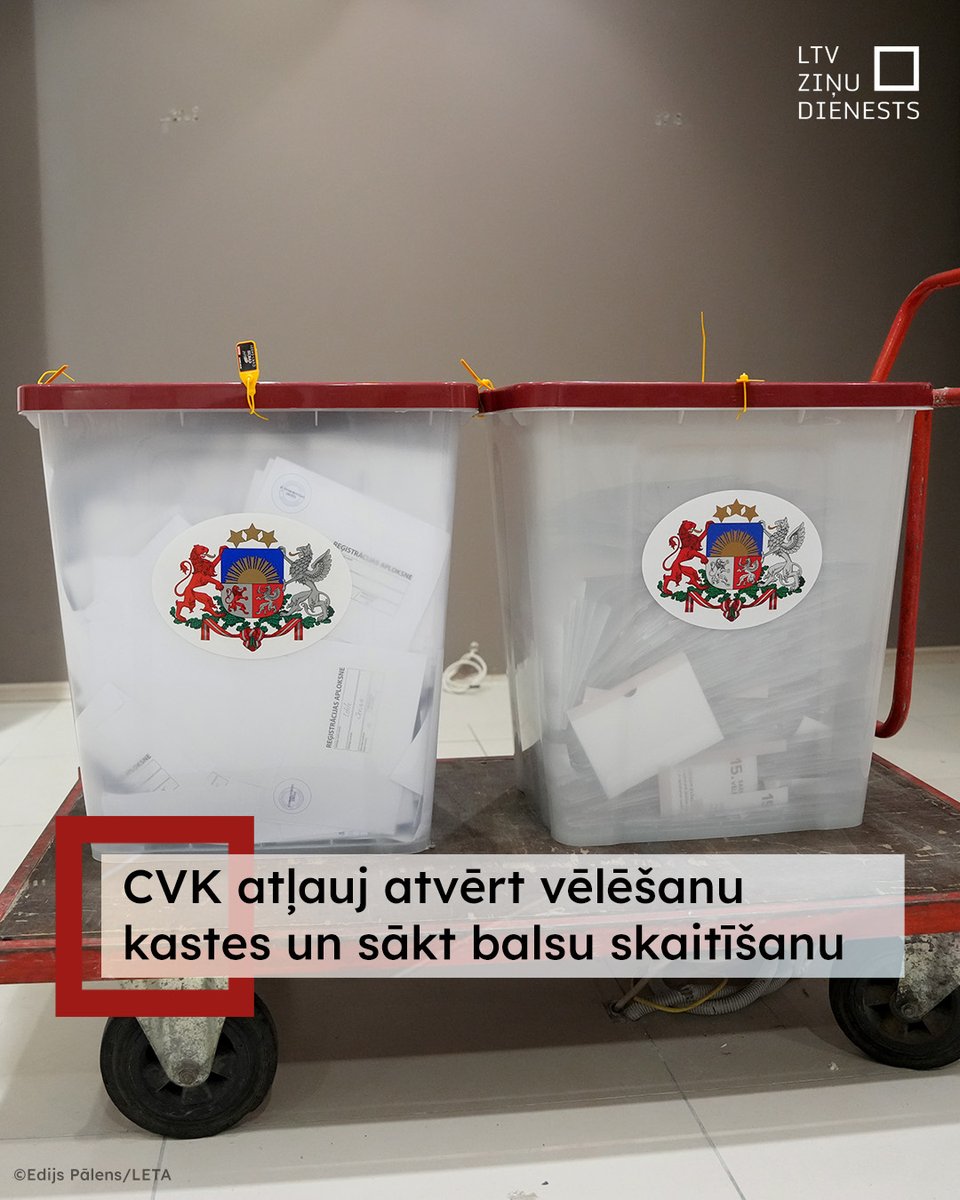 ltvpanorama's tweet photo. 🔴 Centrālās vēlēšanu komisijas ārkārtas sēdē nolemts atļaut sākt balsu skaitīšanu un atvērt šodien izmantotās vēlēšanu kastes. To Latvijas Televīzijai apstiprināja CVK priekšsēdētājs Māris Zviedris. #IzvēliesLatvijasNākotni #Vēlēšanas2026 https://t.co/RWPNv9eDnL