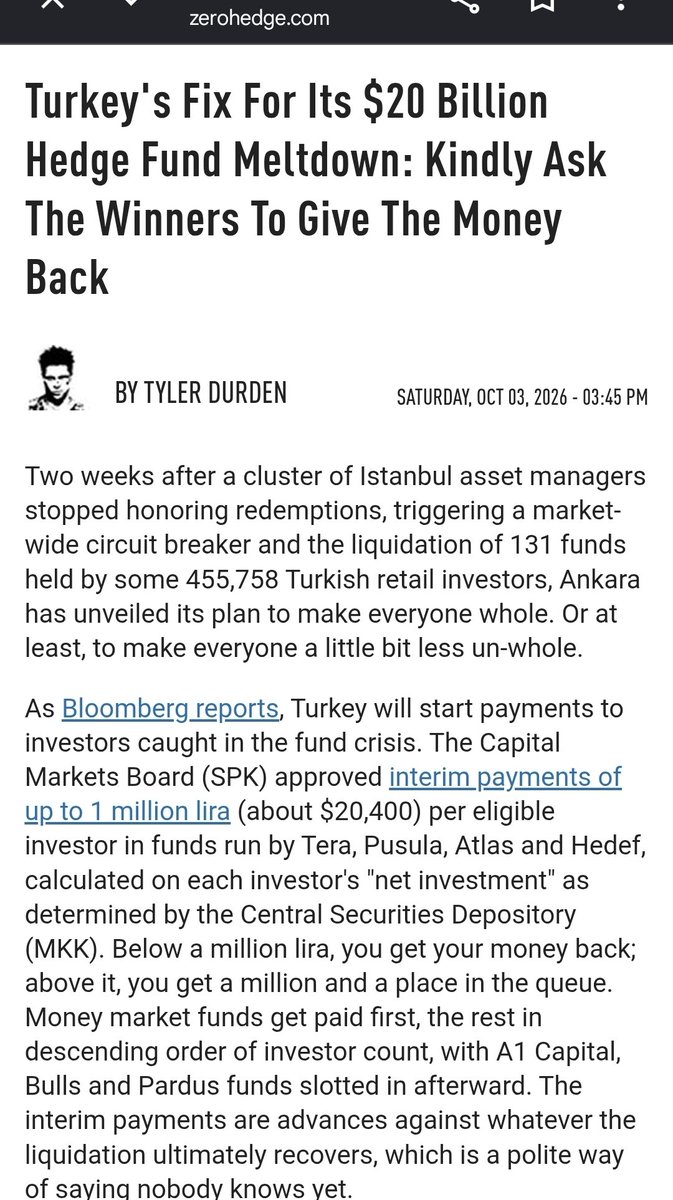 ipekhaznedarx's tweet photo. ÖNEMLİ

Konu artık uluslararası #finans basınının gündeminde.
#Bloomberg kaynaklı haberler ve ardından gelen yabancı basın yorumlarında Türkiye’deki fon süreci, kazananlardan fazla kazançlarını geri vermeleri isteniyor şeklinde dünyaya servis ediliyor.

Bu tabloyu görmek gerçekten üzücü.
Tam da bu nedenle artık yatırımcının hak sahipliği, ara ödemeler, #tasfiye takvimi ve fahiş kazanç iadesi mekanizmasının kapsamı çok net ve şeffaf biçimde anlatılmalı.

Çünkü belirsizlik yalnızca mağdur yatırımcıyı değil, Türkiye sermaye piyasalarının uluslararası algısını da etkiliyor.

Bu sürecin daha fazla uzamadan, yatırımcı güvenini koruyacak somut ve açık adımlarla sonuçlandırılmasını bekliyoruz.

#SPK #FonMağdurları #TMV #TLY #THF #DOH #Borsaİstanbul #TP2 #AnaParaÖdemeTarihi #SPK #TMSF