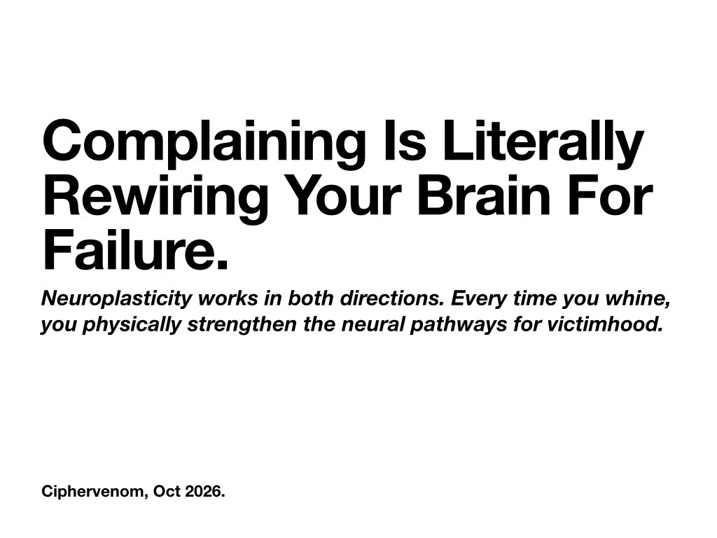 ciphervenom01's tweet photo. Venting feels great in the moment, but biologically, it is a disaster. Thanks to neuroplasticity, your brain is constantly restructuring its physical hardware based on your repeated thought patterns. When you constantly complain, the synapses associated with negative thoughts shrink the distance between them, making it chemically easier for your brain to default to pessimism tomorrow. You aren't just "letting off steam" you are actively training your central nervous system to be a victim. Shut down the complaint and force a pattern interrupt.
Are you rewiring for resilience, or practicing for failure? 🧠
#CIPHERVENOM #Neuroplasticity #HumanAnatomy #Biohacking #MentalToughness