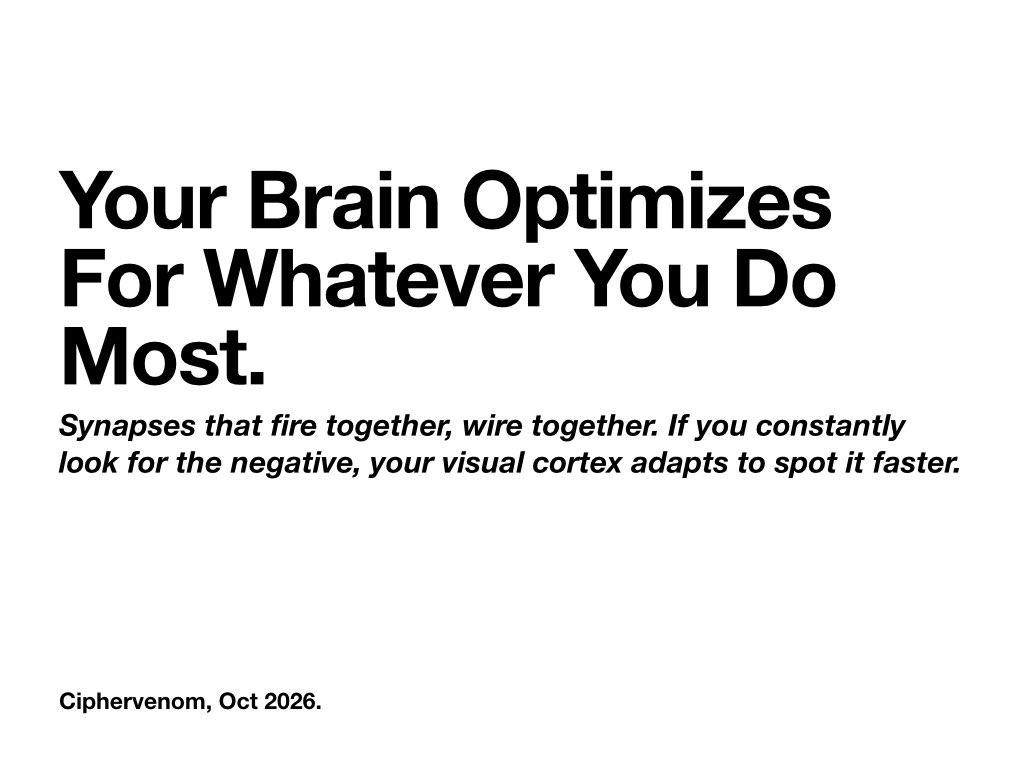 ciphervenom01's tweet photo. Venting feels great in the moment, but biologically, it is a disaster. Thanks to neuroplasticity, your brain is constantly restructuring its physical hardware based on your repeated thought patterns. When you constantly complain, the synapses associated with negative thoughts shrink the distance between them, making it chemically easier for your brain to default to pessimism tomorrow. You aren't just "letting off steam" you are actively training your central nervous system to be a victim. Shut down the complaint and force a pattern interrupt.
Are you rewiring for resilience, or practicing for failure? 🧠
#CIPHERVENOM #Neuroplasticity #HumanAnatomy #Biohacking #MentalToughness
