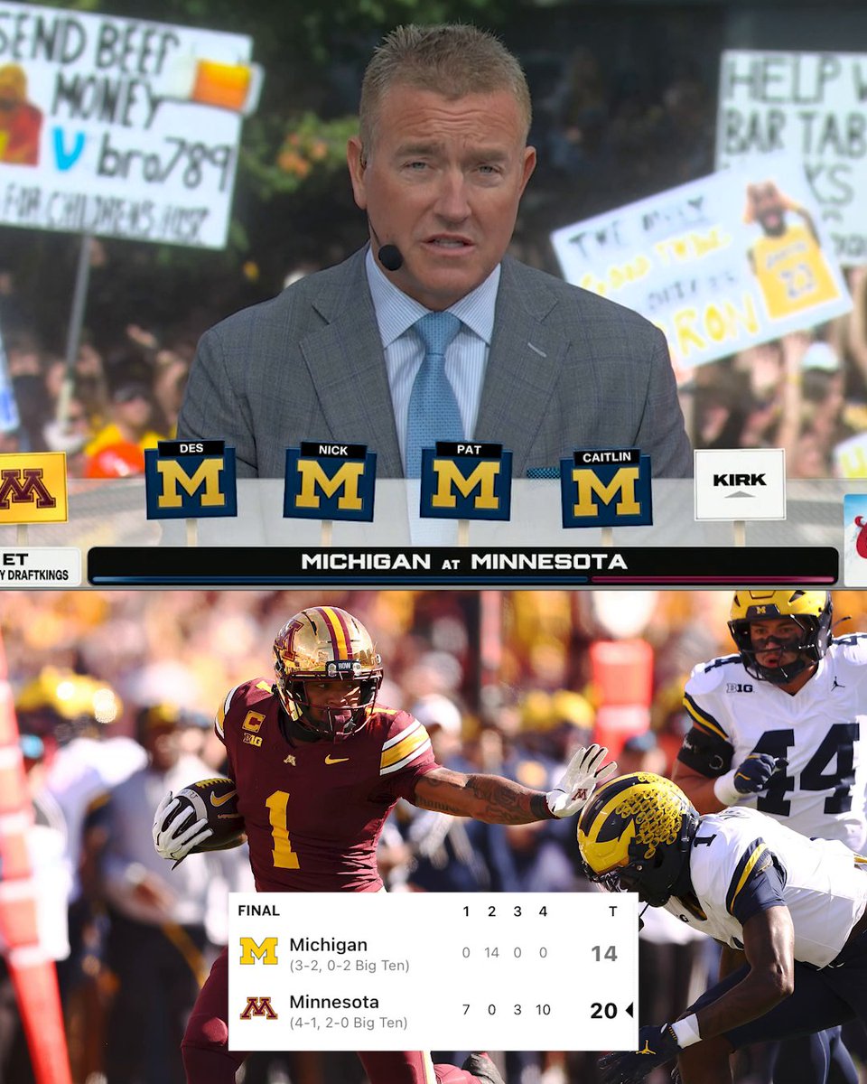 A sports analyst wearing a headset speaks at a broadcast desk labeled "MICHIGAN AT MINNESOTA," with a scoreboard showing the final score: Minnesota 20, Michigan 14, alongside game footage of a Minnesota player (#1) carrying the ball while a Michigan player (#14) pursues him. The visible "KIRK" placard on the desk corresponds to the post noting that Kirk Herbstreit was the only analyst covering the Gophers.