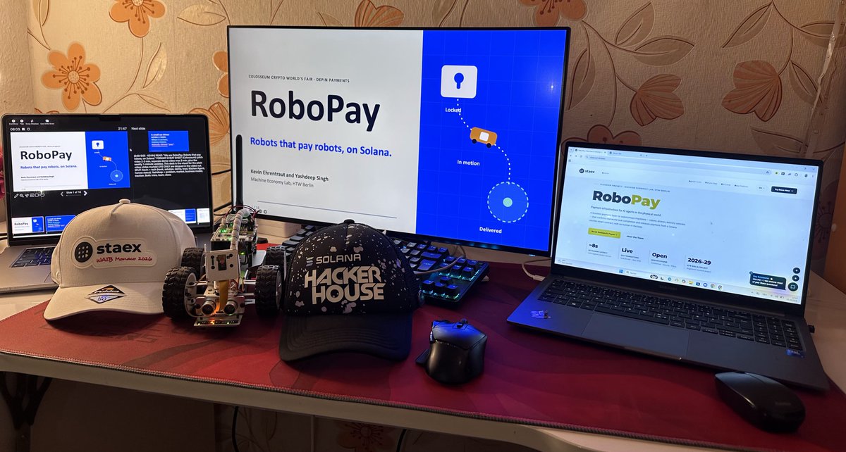 KEBNH123's tweet photo. Saturday night: teaching a robot car to get paid 🤖💸

Cooking @R0boPay with @yashh_btw for @colosseum. Our PiCar-X runs on @Staex_io for secure connectivity, @solana for escrow and @peaq for machine identity. It scans a QR, verifies the delivery and pays its owner.

#DePIN https://t.co/rCAkTkz0PW
