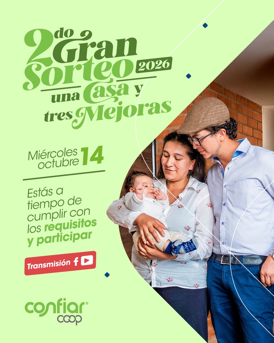 CONFIARCoop's tweet photo. Este 14 de octubre viviremos el segundo Gran Sorteo de Vivienda 2026 de Confiar.

Conoce todos los detalles y requisitos del sorteo aquí: https://t.co/6wWRpHgBcG https://t.co/BIfNzIq3hB