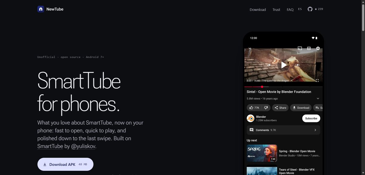 developerman063's tweet photo. what a great project, now we donot need any premium of YouTube.
Newtube is lightweight youtube alternative with all premium features

checkout the GitHub repo
#newtube https://t.co/uke9pEfxsu