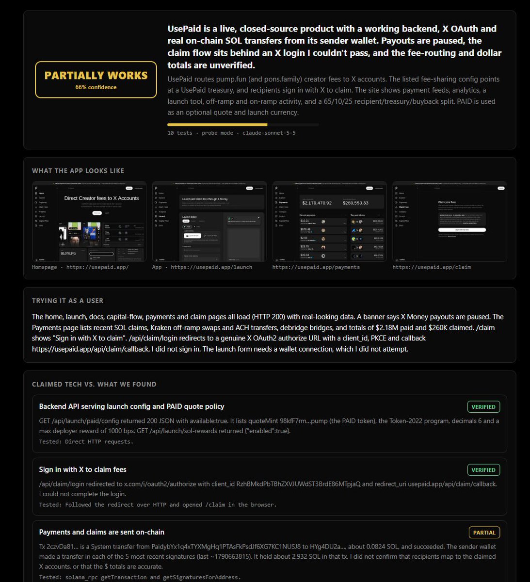 TEST_IT_PF's tweet photo. These past few days, it feels like we have been getting a new tech that releases.      

So, for the past week I've been working on an application that lets you quickly check to make sure that the tech is not larp.      

The ai agent runs the product, tries different API end points, checks github commits and ensures everything works properly to identify LARP.      

Three modes:     

1. Quick (Which just checks that the website has proper endpoints, proper domains, and API checks)   
2. Probe (Deeper analysis of github and code)    
3. Build (Builds the product on its own docker environment to test all functionality of the tech)     

 All the previous tests done by other people can be viewed in the tested section, and you can view live runs that other people are doing in the moment as well. 

Don't fall for LARP. Test it. Then ape.   
 https://t.co/ZF1PXVGhut    

 Demo run on $PAID: