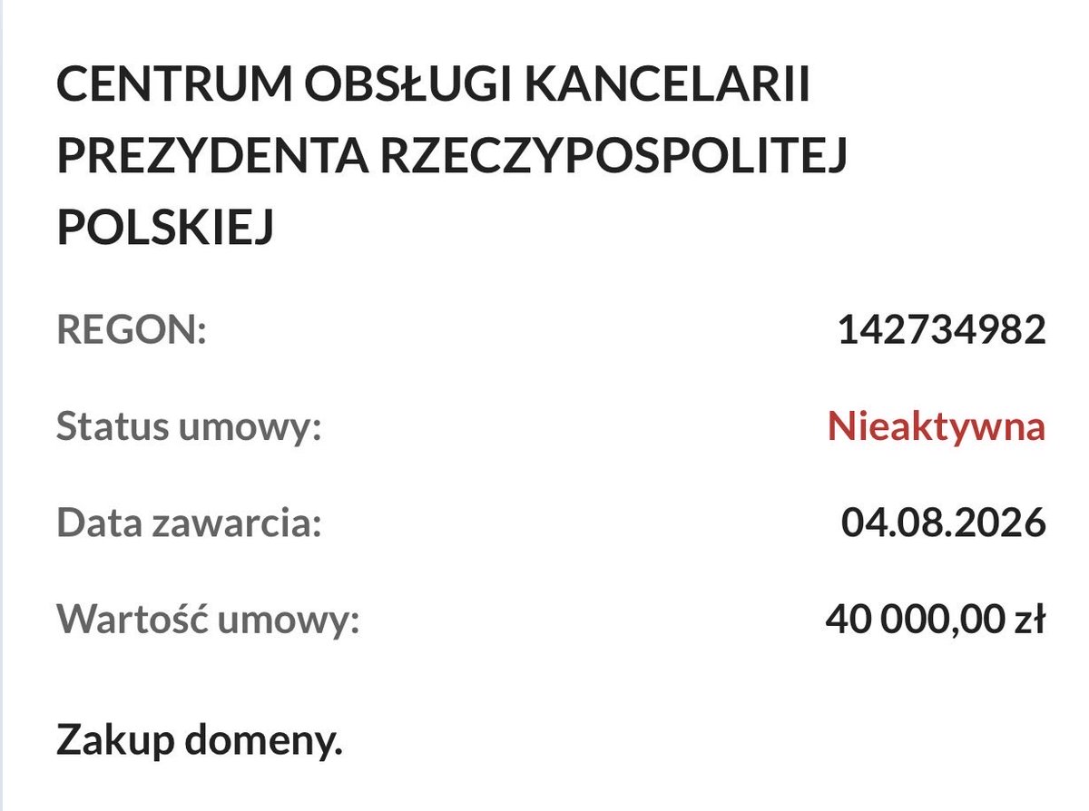 CTomczyk's tweet photo. Kolejna ciekawa umowa

40 000 zł na zakup domeny.

Podstrona na https://t.co/jK0rhXravK kosztowałaby ZERO złotych.

Co to za strona @prezydentpl? 

https://t.co/QsSjShjfr9 https://t.co/CXI9sgbAlW