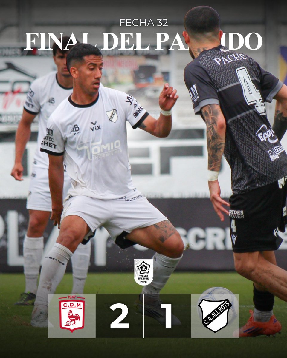 caallboys's tweet photo. Finalizó el partido en Morón

 ⚪️ Por la 32da. fecha de la Primera Nacional 2026, #AllBoys perdió 2 a 1 ante Deportivo Morón  

⚽️ Matías Nouet 

🤍🖤 #ElRoccaParaAllBoys 🖤🤍 https://t.co/DFwipDPA2x