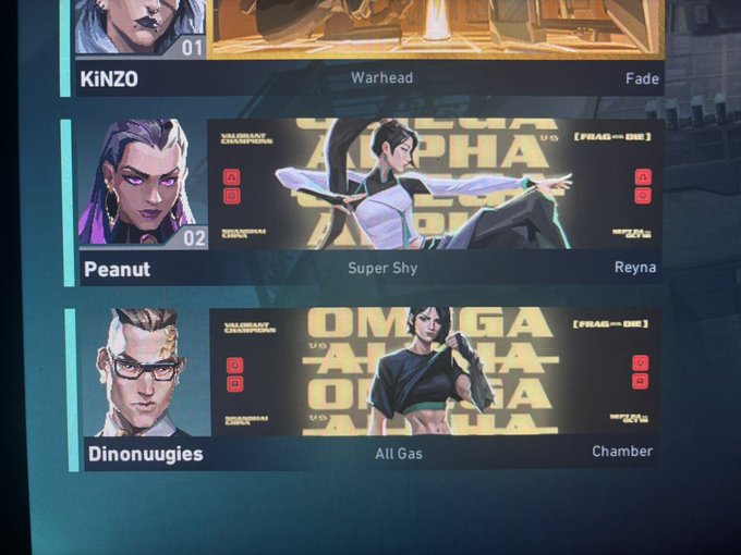 A Valorant Champions tournament player lineup screen showing three agents: KiNZO playing Warhead as Fade, Peanut playing Super Shy as Reyna, and Dinonugies playing All Gas as Chamber.