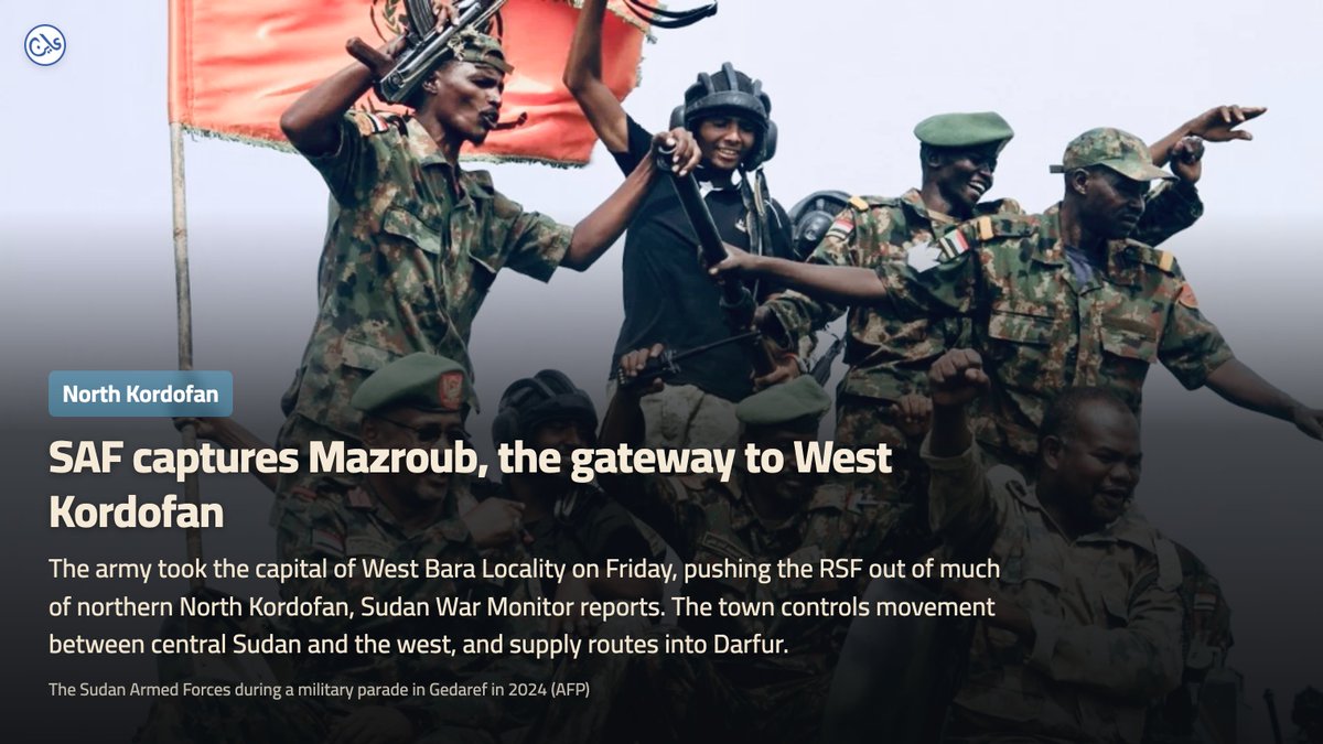 AyinSudan's tweet photo. The Sudanese Armed Forces (SAF) on Friday captured Mazroub, the administrative capital of West Bara Locality in North Kordofan, continuing an offensive that has pushed the Rapid Support Forces (RSF) out of much of the northern and northwestern parts of the state, the Sudan War Monitor reports.
Control over the town essentially dictates movement between central Sudan and the western states. Mazroub opens the road directly into West Kordofan State. It acts as a buffer zone that gives whichever force holds it the leverage to disrupt or secure military supply routes feeding into the Darfur region.
@Sudanwarmonitor #Sudan