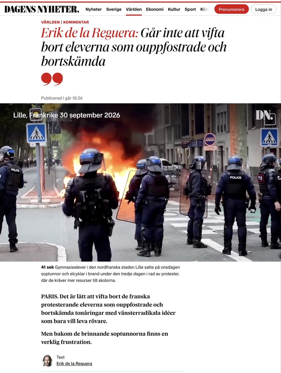 KyrkligaTing's tweet photo. Läs tråd nedan ⬇️ och titta på filmerna som @tystochtimid har lagt upp. Dagens Nyheter menar att våldet och kravallerna i Frankrike ska förklaras, förstås och ursäktas för att det är ’elever’ som protesterar för bättre skolor. Verklighetsfrånvänt. https://t.co/3YQLUBc2y9