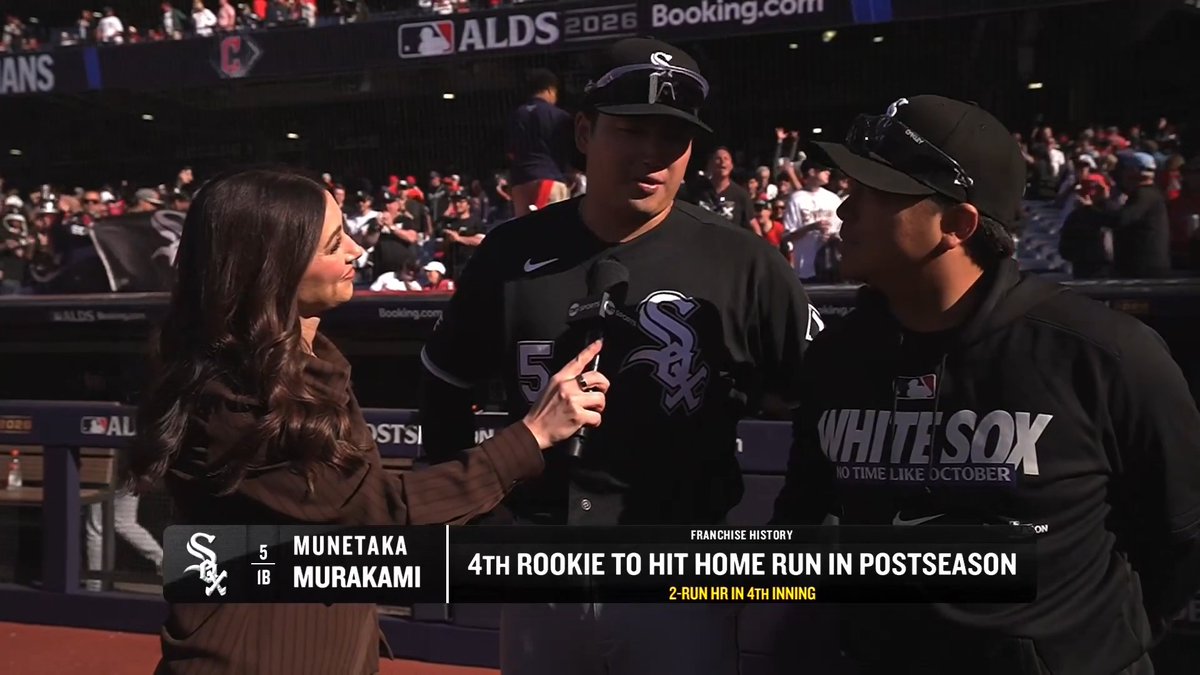 A reporter interviews Munetaka Murakami, #5 of the Chicago White Sox, with teammate Colson Montgomery beside her, during the 2026 ALDS, as an on-screen graphic highlights Murakami as the "4th Rookie to Hit Home Run in Postseason" with a 2-run HR in the 4th inning.