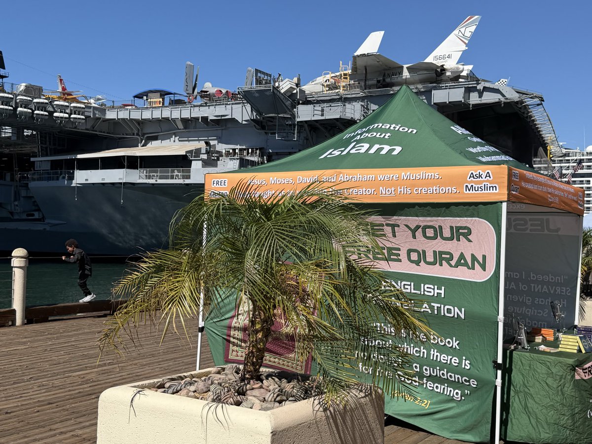LauraLoomer's tweet photo. The Islamic takeover of America continues.

My friend is in San Diego right now at Navy Pier in front of the USS Midway Carrier for a birthday weekend getaway and they just sent me these photos of Muslims trying to convert American military members to Islam at the Navy Pier. 

The Muslims are walking up to US Navy members trying to convert them to Islam. They even have a sign that says “Jesus Is a Muslim”. Their tent in front of the military carrier is giving away free Qurans in English and Spanish!!!!

It’s interesting these Muslims are giving out free Qurans in English and Spanish in San Diego of all places. San Diego is where a large portion of illegal aliens live because it’s on the border of Mexico. California is also a sanctuary state for illegals. 

It’s worth noting that this week, California Governor @GavinNewsom signed Assembly Bill 2017 into law, officially designating the Islamic animal sacrifice days of Eid al-Fitr and Eid al-Adha as state holidays in California! 

I hope everybody is paying attention to how much the Islamic takeover of America is escalating.

This is truly disgusting.