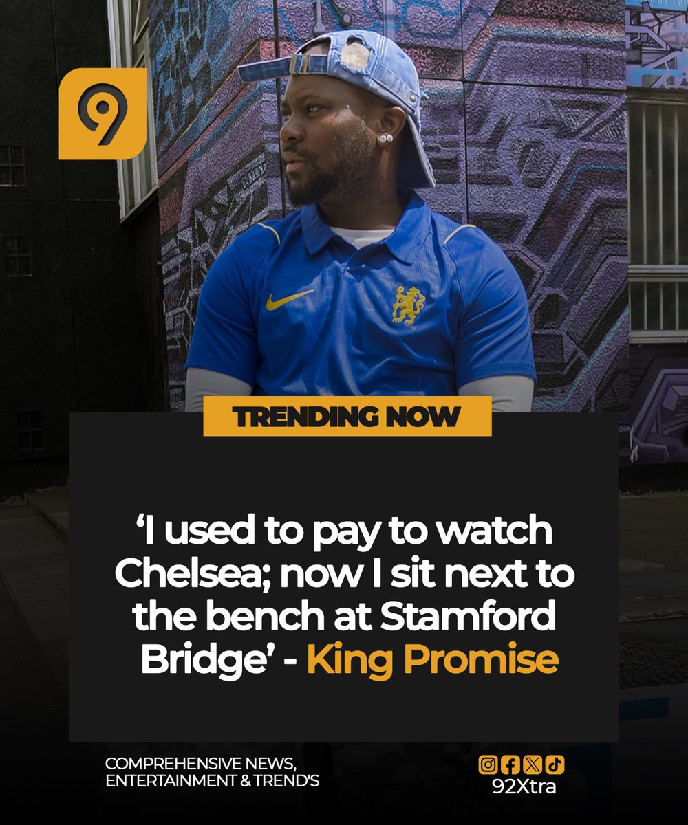 92Xtra's tweet photo. Ghanaian musician King Promise has reflected on how far he has come, revealing that he once paid to watch Chelsea matches but now gets to sit next to the bench at Stamford Bridge.

#92Xtra #KingPromise #Chelsea #StamfordBridge #GhanaEntertainment #Sports https://t.co/pZS2Uk9SaK