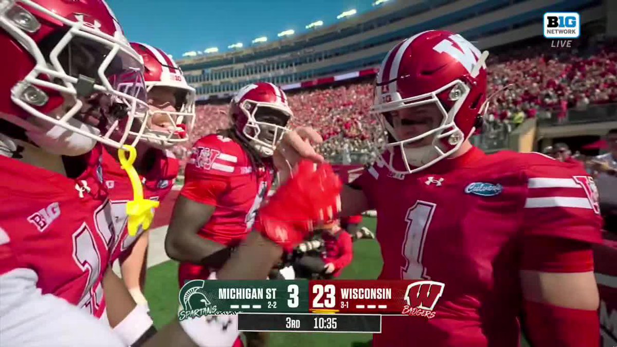 A screenshot from a Big Network live broadcast of a college football game between Michigan State and Wisconsin, showing the score as Michigan St 3, Wisconsin 23 in the 3rd quarter with 10:35 remaining.