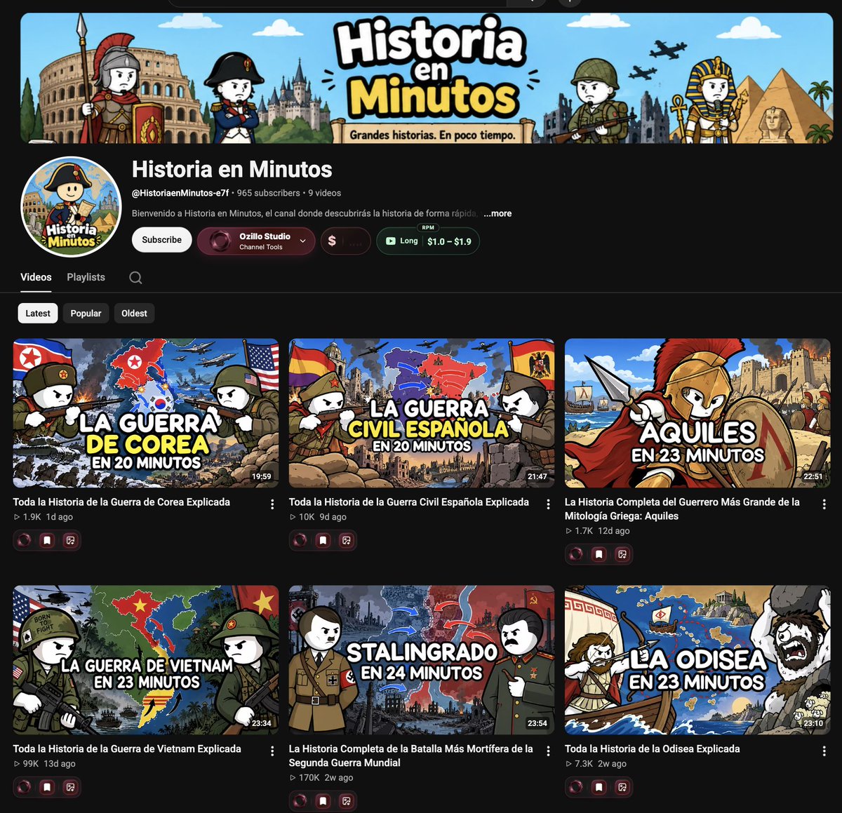 ozillocom's tweet photo. 📌 This is exactly why I don’t scroll past small channels. 👀

Historia en Minutos is barely 3 weeks old, still under 1,000 subscribers, and yet just 9 videos have already generated 459K+ views. One Stalingrad upload alone broke past 170K.

There’s a real outlier here. Under 1,000 subscribers, but hundreds of thousands of views in just a few weeks. That’s the kind of channel I stop and study.

A lot of people still research YouTube backwards. They look at subscriber count first, see a channel under 1K subs, and move on. I wouldn’t. Sometimes the more useful signal is not how many subscribers a channel has, but how far YouTube is already willing to push it beyond its current size.

In this case, the format is pretty clear too. 
Spanish language faceless history content, huge proven topics, simple promises and very consistent packaging.

“The Korean War in 20 Minutes” 
“WW2 in 30 Minutes” 
“The Cold War in 30 Minutes” 

Big subjects, easy framing, recognizable thumbnails. The viewer understands the offer immediately. 🎯

There’s also a market lesson here that people still underestimate. Spanish is a very strong language for faceless YouTube. You’re not building for one small audience. The same format can reach Spain, Mexico, Argentina, Colombia and the wider Spanish-speaking market without changing the core idea. 🌍

So when I look at a channel like this, I’m not thinking “nice small channel.” I’m thinking this is what early traction looks like before the subscriber count catches up.

That’s the kind of thing most people notice too late.

And that’s exactly why we keep talking about YouTube this way. Not just features, not just surface level advice, but the patterns most people miss until they’re already obvious.

If you want to find channels like this faster, Ozillo Studio makes it much easier to spot them before everyone else starts talking about them.