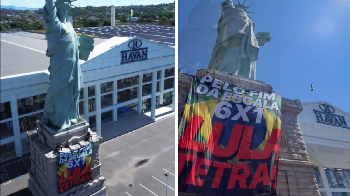 MidiaNINJA's tweet photo. Bandeira em apoio a Lula e contra escala 6×1 é pendurada em estátua da Havan em SC um dia antes do primeiro turno.

Fotos: @PortalNDMais https://t.co/BDCUSsvGwE