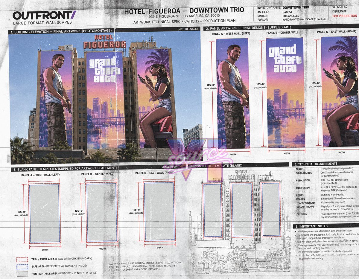 SourceVI's tweet photo. 🚨 LEAKED: GTA 6 is taking over the iconic Hotel Figueroa in Los Angeles again! 

Leaked images of an internal 'Outfront Large Format Wallscapes' pre-production specification document has surfaced online, revealing plans to cover all three of the iconic Hotel Figueroa walls with GTA 6 artwork yet again.

Rockstar have previously used the same walls to promote previous GTA  games ahead of their release. 👀🌴 @thrill_com