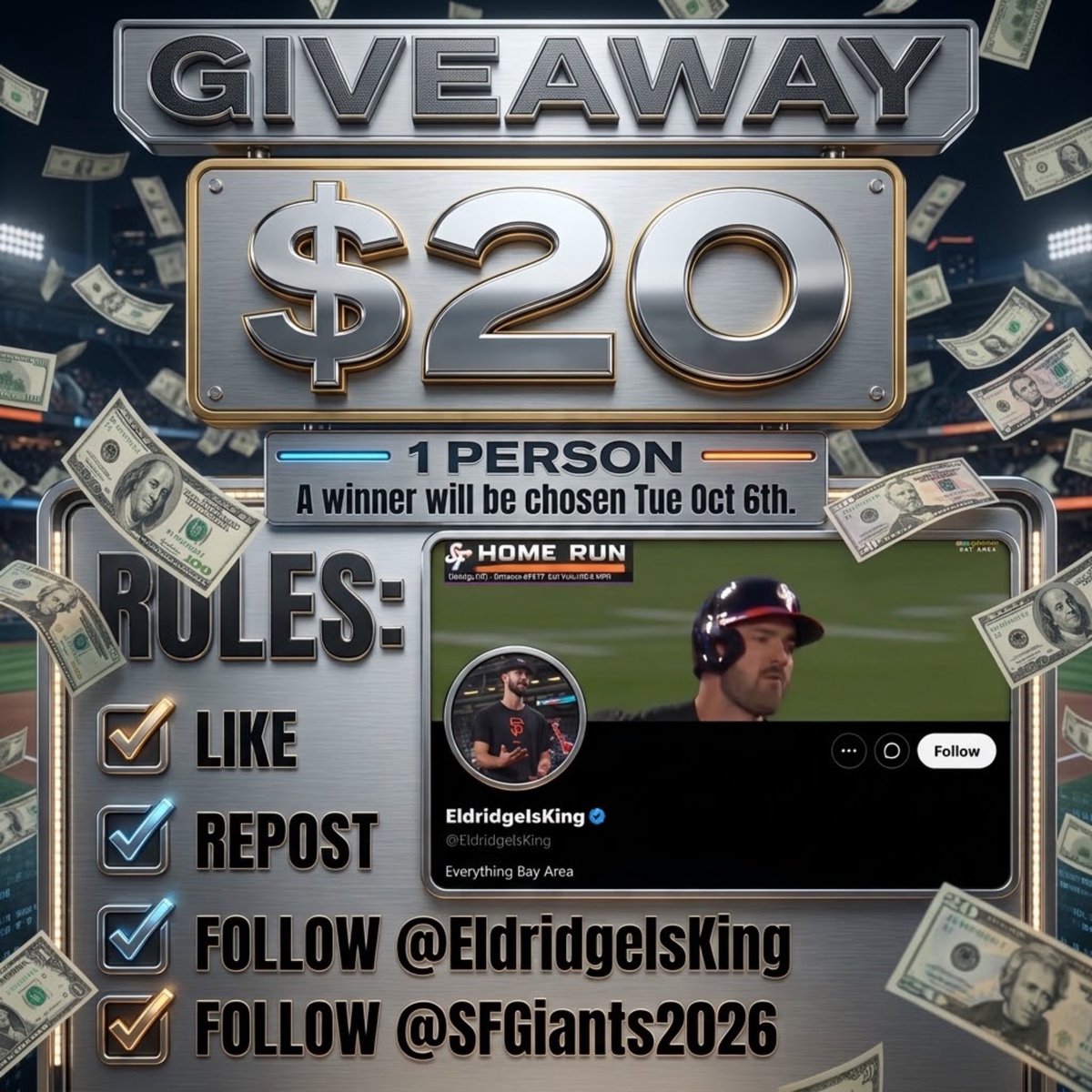 SFGiants2026's tweet photo. Win $20!

Must follow:
@EldridgeIsKing 
@SFGiants2026 

Comment 👇 once completed! https://t.co/kzkbpSI4L7