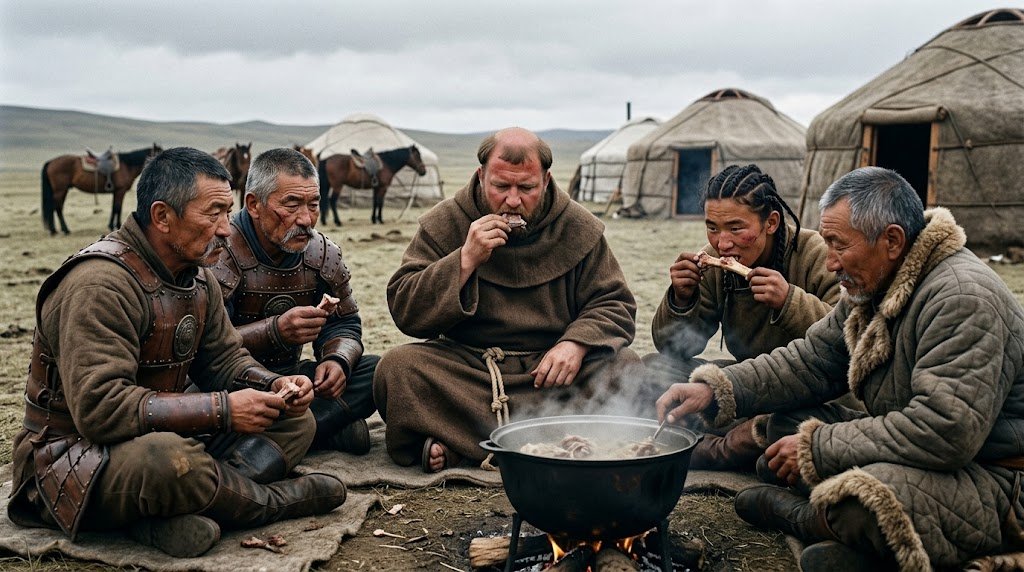 SamaHoole's tweet photo. In 1253 a Flemish friar rode to the Mongol court for the King of France, ate what they ate for two years, and came home with the only honest report Europe ever got on how the machine was fed.

William of Rubruck was not a diplomat. He was a fat Franciscan who walked when he could and complained when he could not, and his account of the Mongols is the best there is because he wrote down the food. The first thing he learned was that a sheep was not a meal. It was a supply. The Mongols cut a single sheep into small pieces on a board, salted the water it was boiled in, and fed 50 or 100 men on it, each man taking his morsel and sucking the bone clean of marrow before it went back in the pot. Nothing was thrown away. A sheep that would have fed a French household for two days fed a Mongol company for one and left them fit to ride.

The second thing was that they did not drink water. Rubruck says they were most careful never to touch it plain. In summer the whole nation lived on koumiss, mare's milk churned in a skin until it fermented, and he describes his own first cup with a monk's precision: it bit the tongue like raspberry wine, left the taste of almond milk behind it, went straight to the bladder, and made a weak head drunk. The lords drank a clear version called black koumiss and gave the thick white lees to the servants, who slept on it. Rubruck drank it, sweated from head to foot, and admitted that it was pleasant. That was the water supply of a mounted army: a herd of mares that walked beside it and refilled every morning.

The third thing was that nothing that died went to waste. With herds that size, he wrote, animals died every day, and every one of them was eaten without distinction. In winter, when the milk stopped, they lived on meat and on the dried curd they had made all summer, a hard cheese that kept for years and dissolved in water in the flask. In summer, so long as the mares were in milk, they wanted nothing else at all.

He saw no bread. He saw no field. He saw a people who had turned the animal into a complete supply system, water and food and fuel, that moved with the army at the army's pace and never once had to be sent for.

Rubruck went home and told the King of France that the Mongols could not be converted and could not be beaten, and the second half of that was a report on their dinner. A European army was a column of men walking away from its bread. A Mongol army was a herd with archers in it, and it could go anywhere the herd could.

The friar had spent two years inside the greatest war machine on earth, and the thing he chose to describe in detail was one sheep feeding a hundred men. He had understood it better than any general who fought them.