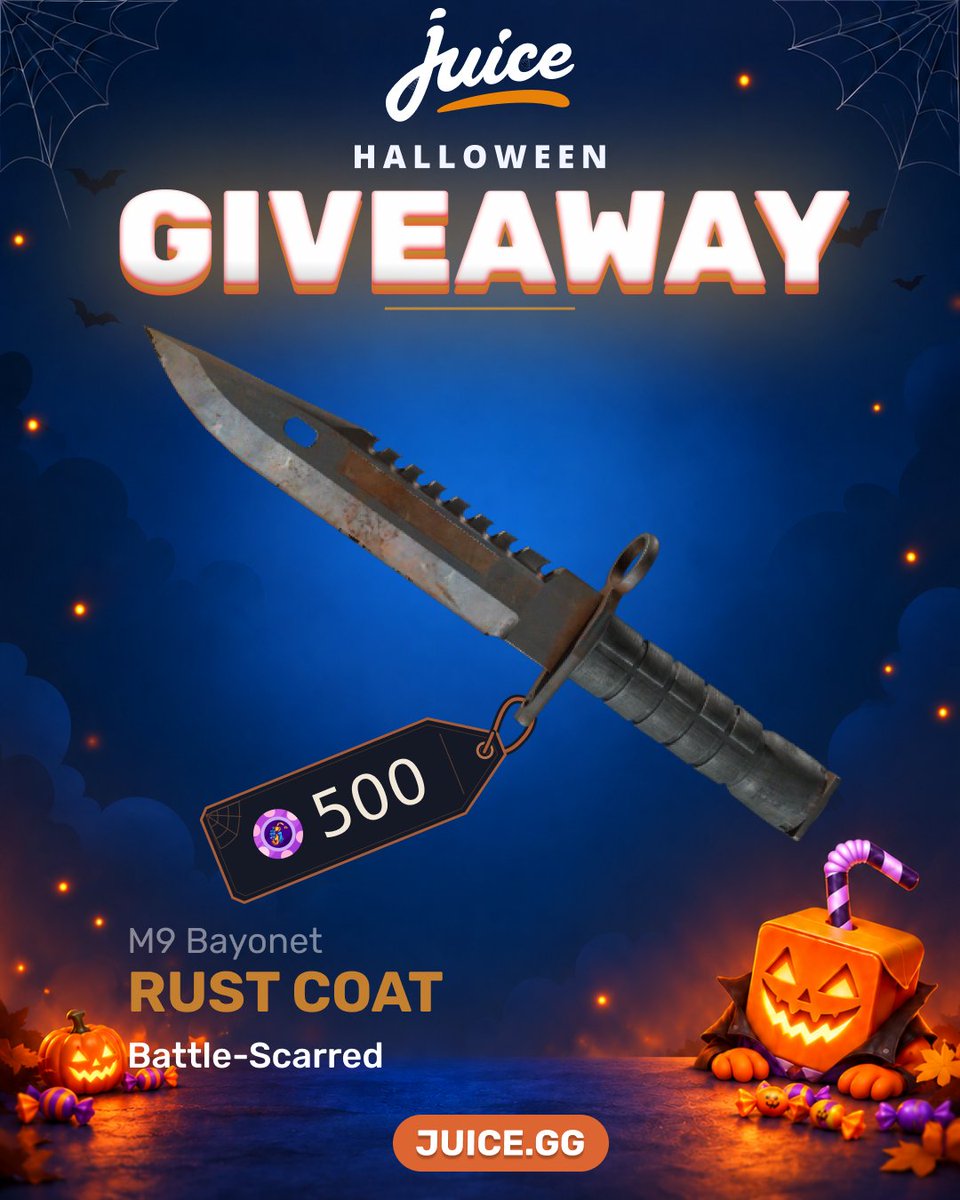 juicedotgg's tweet photo. 🎃 HALLOWEEN GIVEAWAY 💦
One lucky Juicer is taking home an M9 Bayonet | Rust Coat (500 Chips)! 🔪

✅ To enter: Follow us, Retweet, Like & Tag 2 friends

Winner announced October 31st. Who’s getting JUICED this Halloween? 👀