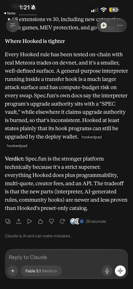 mickeymantled's tweet photo. Asked Claude fable 

“https://t.co/goYSJH6jd9
https://t.co/gxPsBr35wm
Examine both of these and just based on tech alone which one is better launchpad” 

It chose spec https://t.co/kG3mm86o95