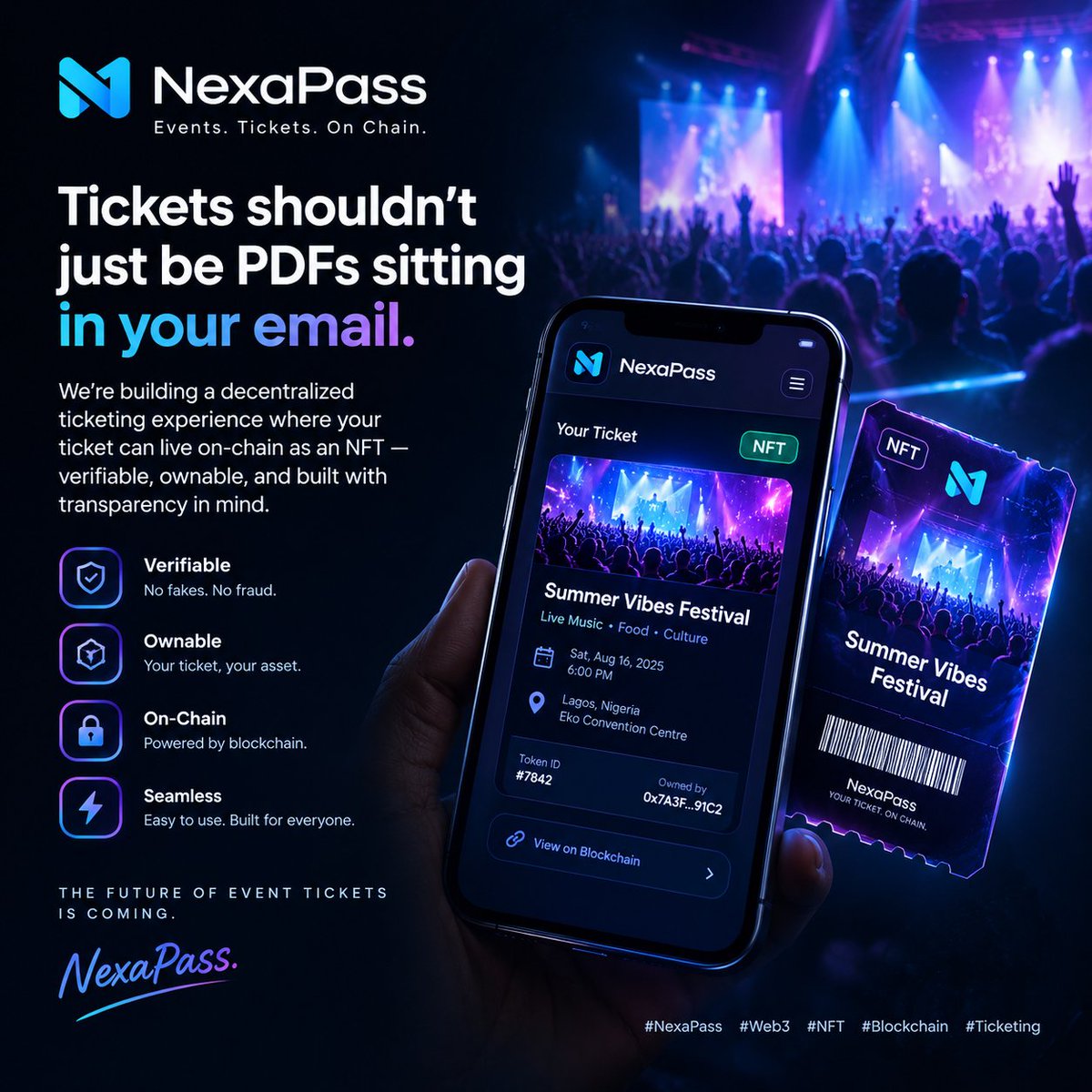Nexapass's tweet photo. 🎟️ NexaPass is being built differently.

Tickets shouldn’t just be PDFs sitting in your email.

The future of event tickets is coming.

NexaPass. 🔗🎫

#NexaPass #Web3 #NFT #Blockchain #Ticketing https://t.co/hrG8iEa2Ff