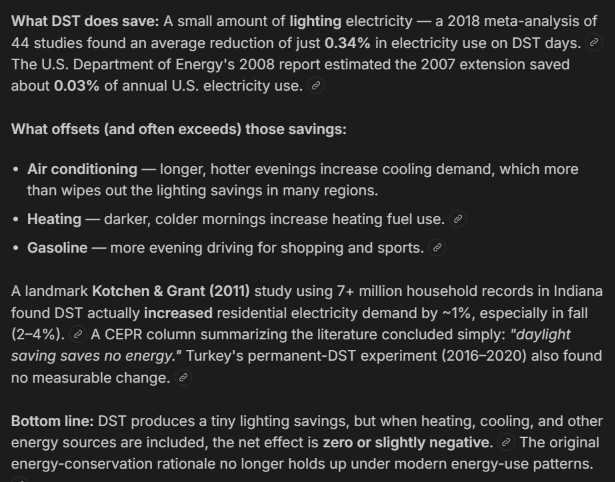 GoneGalt's tweet photo. DST: The current schedule, established by the Energy Policy Act of 2005, has been in effect since 2007, with DST beginning on the second Sunday in March and ending on the first Sunday in November.   However, the Energy Policy Act doesn't  actually conserve energy! https://t.co/RomzaK82WE