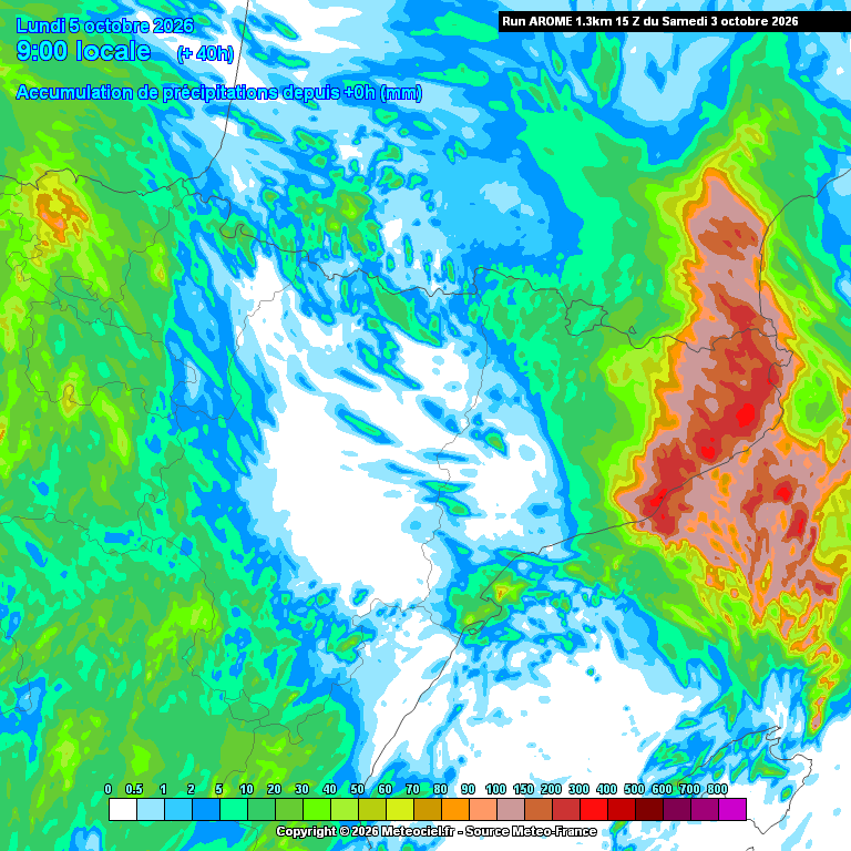 alexmegapc's tweet photo. #lastupdate Actualitzacio Arome15Z sortit del forn!!  acumulats agafant fins dilluns matinada, registre que podrien sumar 400 litres en alguns punts (color vermell). #meteo https://t.co/okOTXfhK0M