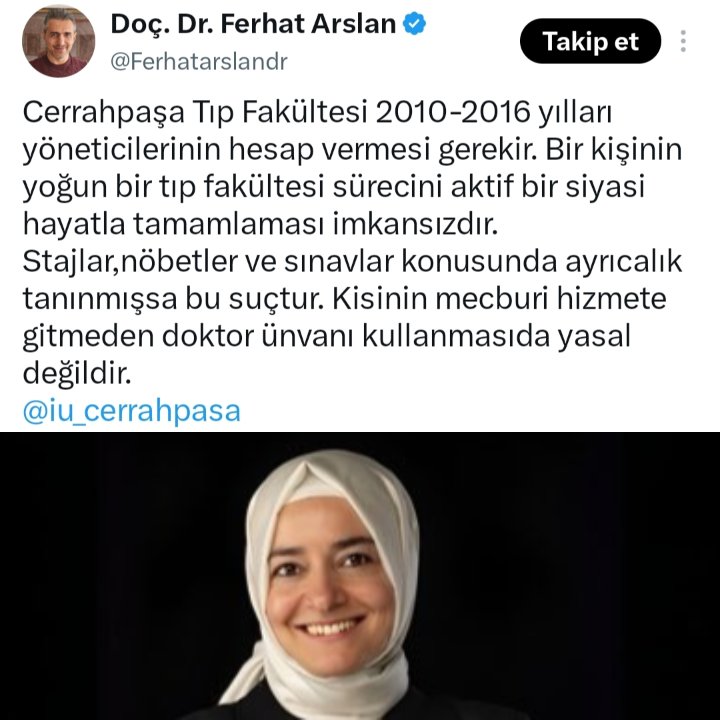 durbunhaber's tweet photo. 🔥Fatma Betül Sayan Kaya'ya tıp eğitimi aldığı yıllara dair sorular yönelten paylaşım yapan Doç. Dr. Ferhat Arslan, siyasi hayatın içindeki birinin yoğun geçen tıp fakültesi sürecini tamamlamasının mümkün olmadığını söyledi ve sorumluların hesap vermesini istedi.

"Cerrahpaşa Tıp Fakültesi 2010-2016 yılları yöneticilerinin hesap vermesi gerekir. Bir kişinin yoğun bir tıp fakültesi sürecini aktif bir siyasi hayatla tamamlaması imkansızdır. Stajlar,nöbetler ve sınavlar konusunda ayrıcalık tanınmışsa bu suçtur. Kisinin mecburi hizmete gitmeden doktor ünvanı kullanmasıda yasal değildir."