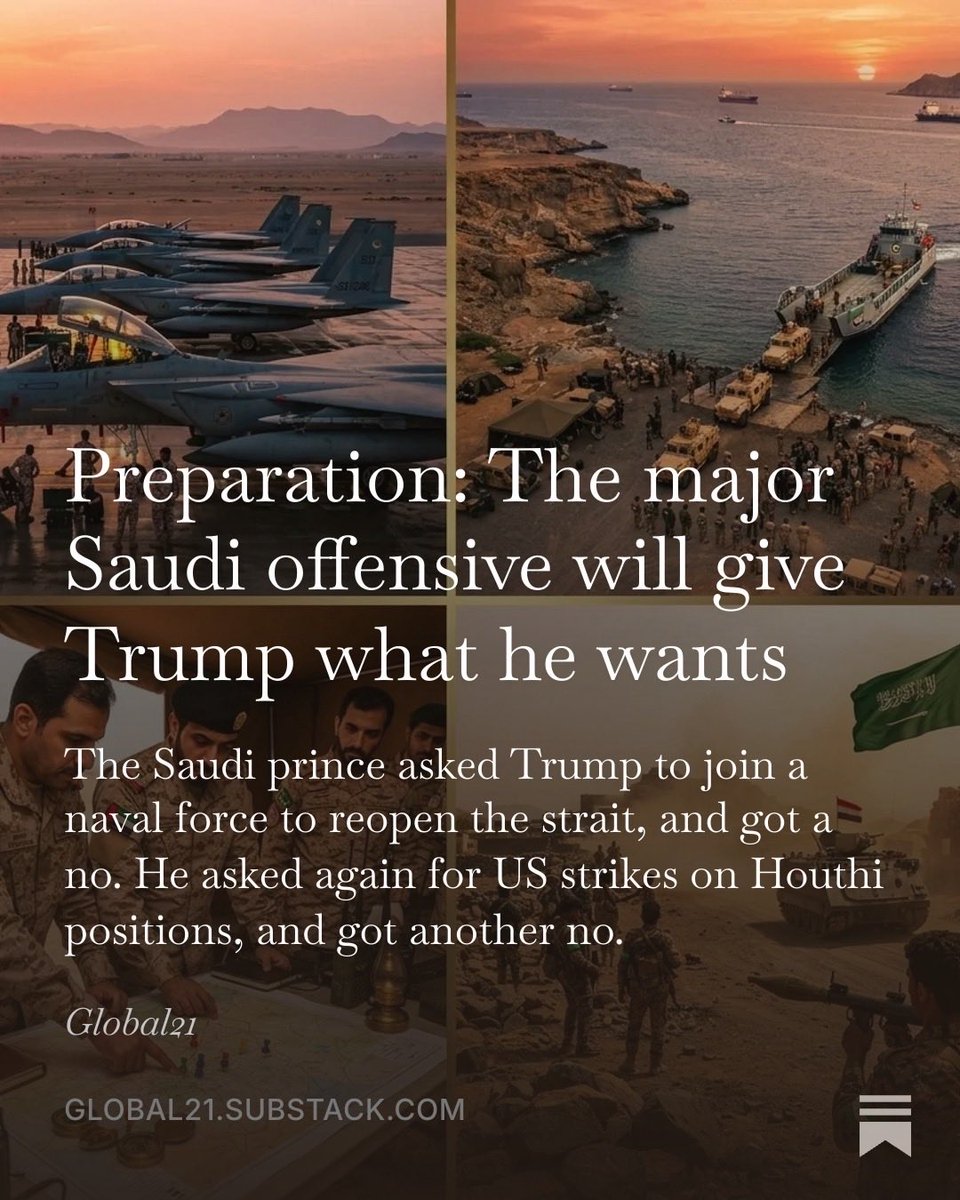 pati_marins64's tweet photo. Preparation: The major Saudi offensive will give Trump what he wants

Saudi Arabia is planning a large-scale operation against the Houthis in Yemen, to contain the attacks and the naval blockade the group imposed in the Red Sea.

The Saudi leadership has already approved the operational plans, under study for weeks. What forced Riyadh to move was the escalation. 

The Houthis stepped up strikes directly on the Saudi capital, hit Aramco complexes in Riyadh, the port of Yanbu and other strategic targets, and cut Saudi exports. The kingdom had to answer.

The Saudi-led coalition intensified bombings in Sanaa, Saada and Taiz. It is still carrying a humiliating defeat from weeks ago, when the Houthis took almost the entire Red Sea coast in less than 72 hours.

The Saudis have been meeting the Turks and the Pakistanis and sketching a way to deal with the Houthis. The real shift was the rapprochement with the Emirates, built for this operation.

Saudi Arabia and the UAE will put the anti-Houthi factions and local militias they trained back into the field. The ground push stands or falls on those forces.

The advance on the ground, with the armored vehicles, will be done by the anti-Houthi Yemeni militias, the official government forces and the southern separatists. Riyadh and Abu Dhabi supplied the weapons and the light armor so that more than 100,000 Yemeni fighters do the physical advance.

Saudi Arabia will use its fighters and missiles heavily for the opening strikes and fire support. Drones are already over Yemen, watching and striking.

The Saudis and advisers from the Mecca pact want a limited coastal assault, stuck to the littoral, to retake Bab el-Mandeb, at the same time as ground attacks through Al-Bayda, Marib, Taiz and Al-Jawf, pushing the Houthis on several fronts at once.

The STC forces were politically beaten by the Saudis months ago, but those militias still answer to Abu Dhabi’s money. Riyadh needs the Emirati go-ahead for these Yemeni fighters to march north and take the front line against the Houthis. We are talking about tens of thousands of men.

The ports and islands are the other point where the UAE is indispensable. They built and hold the military infrastructure along the islands and ports of southern Yemen, on the Gulf of Aden. Without those bases and runways, the coalition cannot resupply the armor or run the coastal assault on Bab el-Mandeb.

A ground campaign on this scale burns billions in fuel, ammunition, armor maintenance and militia pay. Emirati money takes part of that off Riyadh.

The Saudis will try to hold the air and the sea. F-15s, Typhoons and missile systems do the bombing of Houthi positions, while regular Saudi troops stay on the border and inside the kingdom, intercepting missiles and drones and covering the critical sites.

Nothing new there. It is what they have already been doing, without much result. I expect serious losses in the Saudi asset park in this round.

Read more:
https://t.co/Rnt4sLV6SL